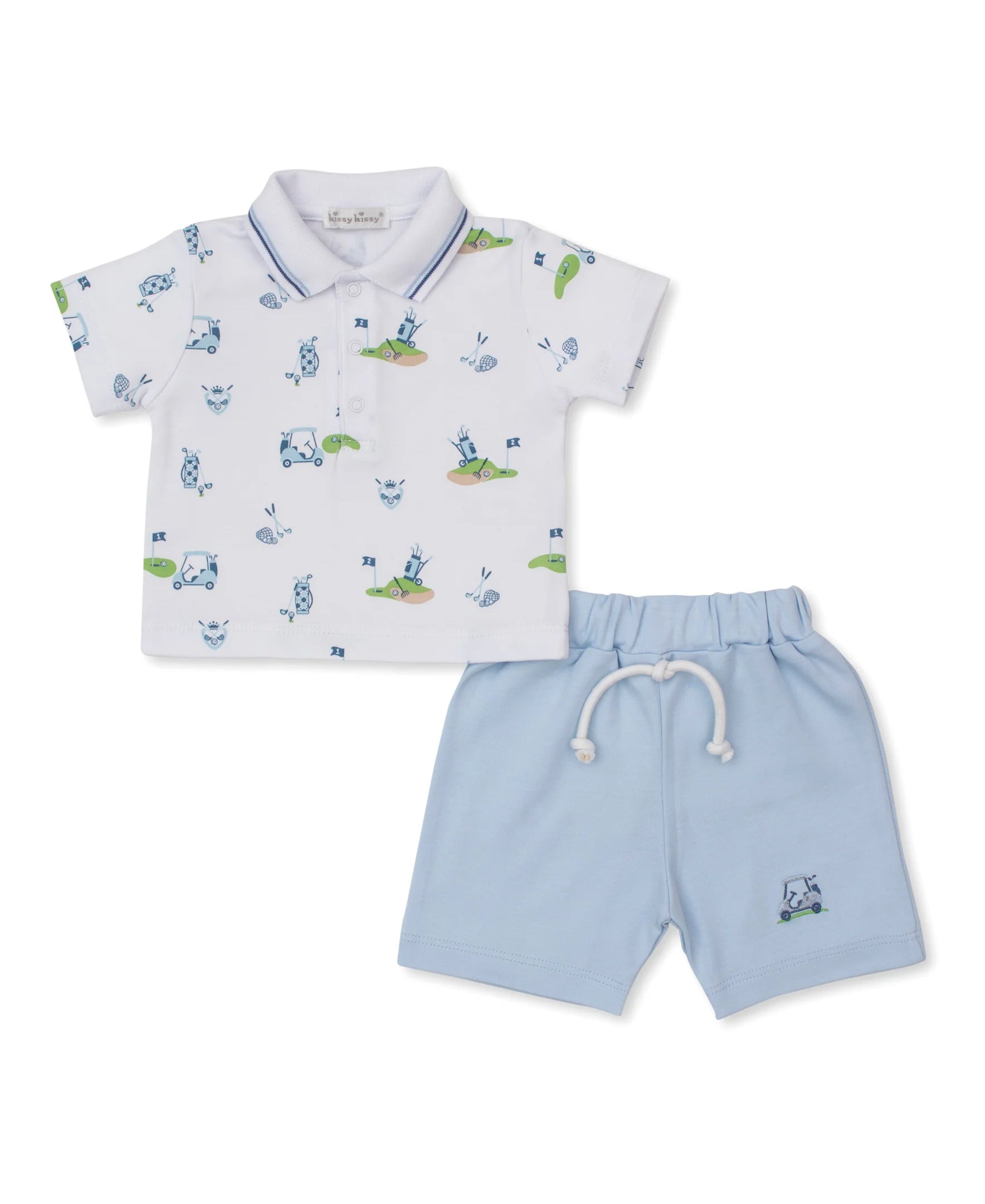 top is a white polo shirt and green and blue golf emblems all over and light blue shorts