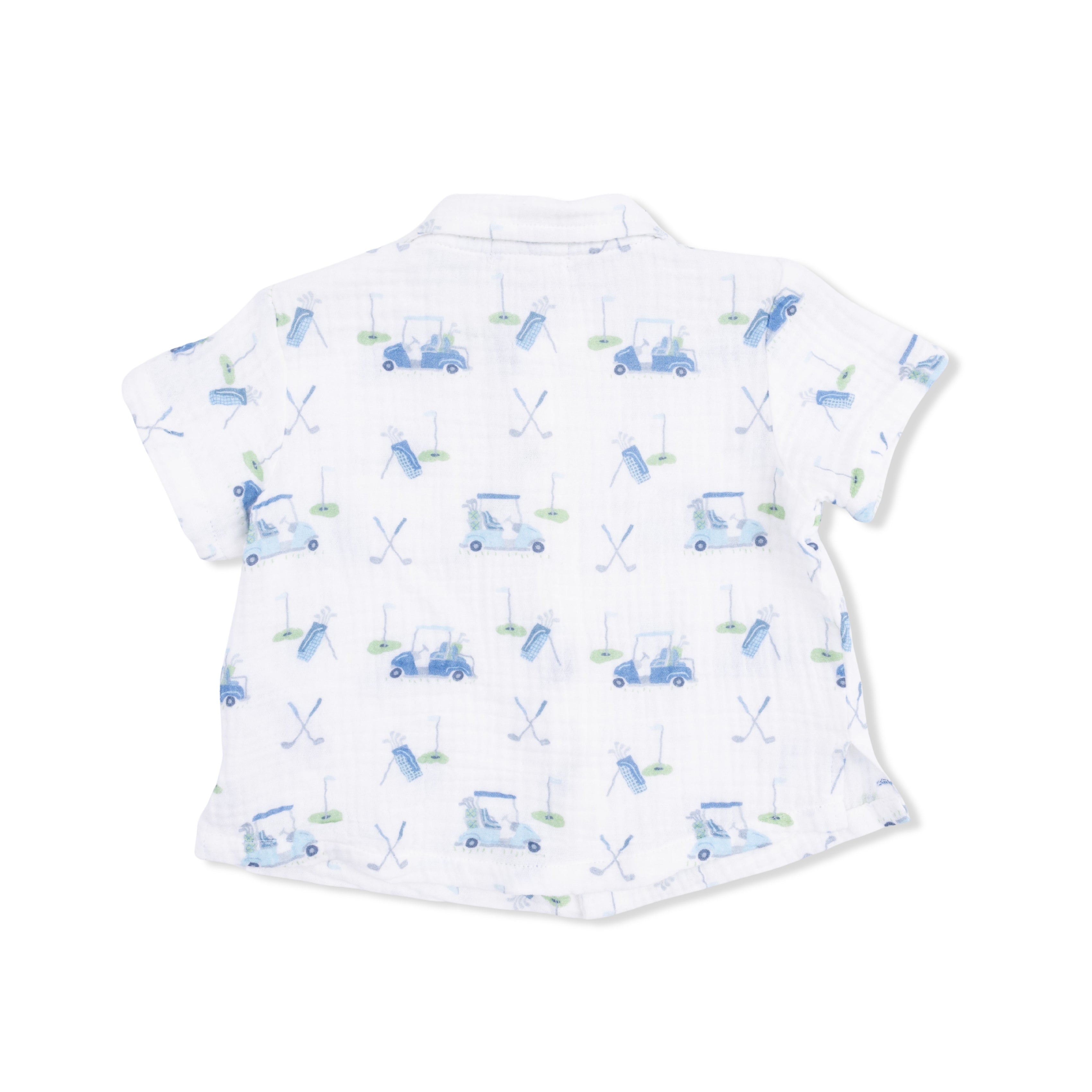 White shirt with blue golf-themed pattern on a white background