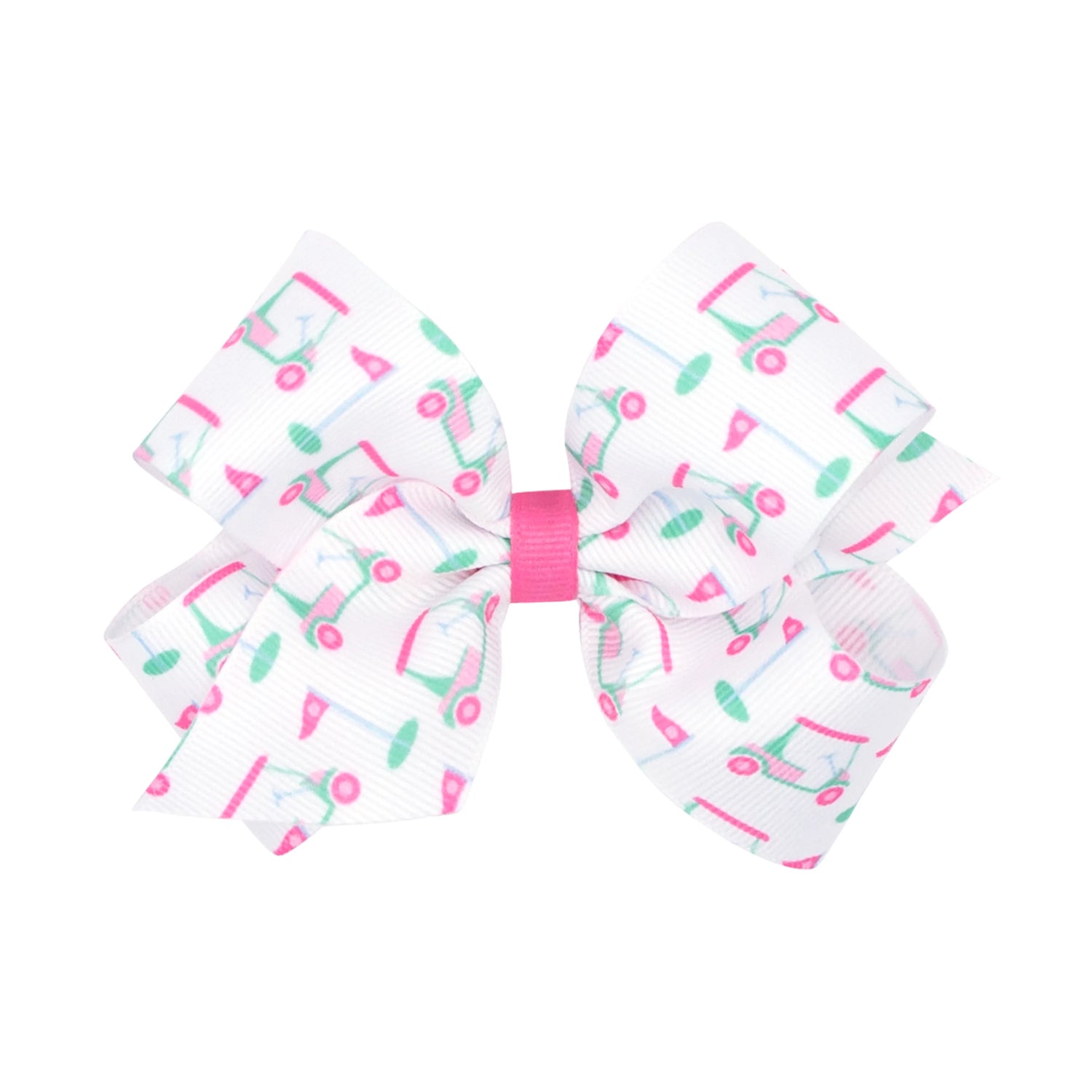 white bow with pink and green golf carts all over