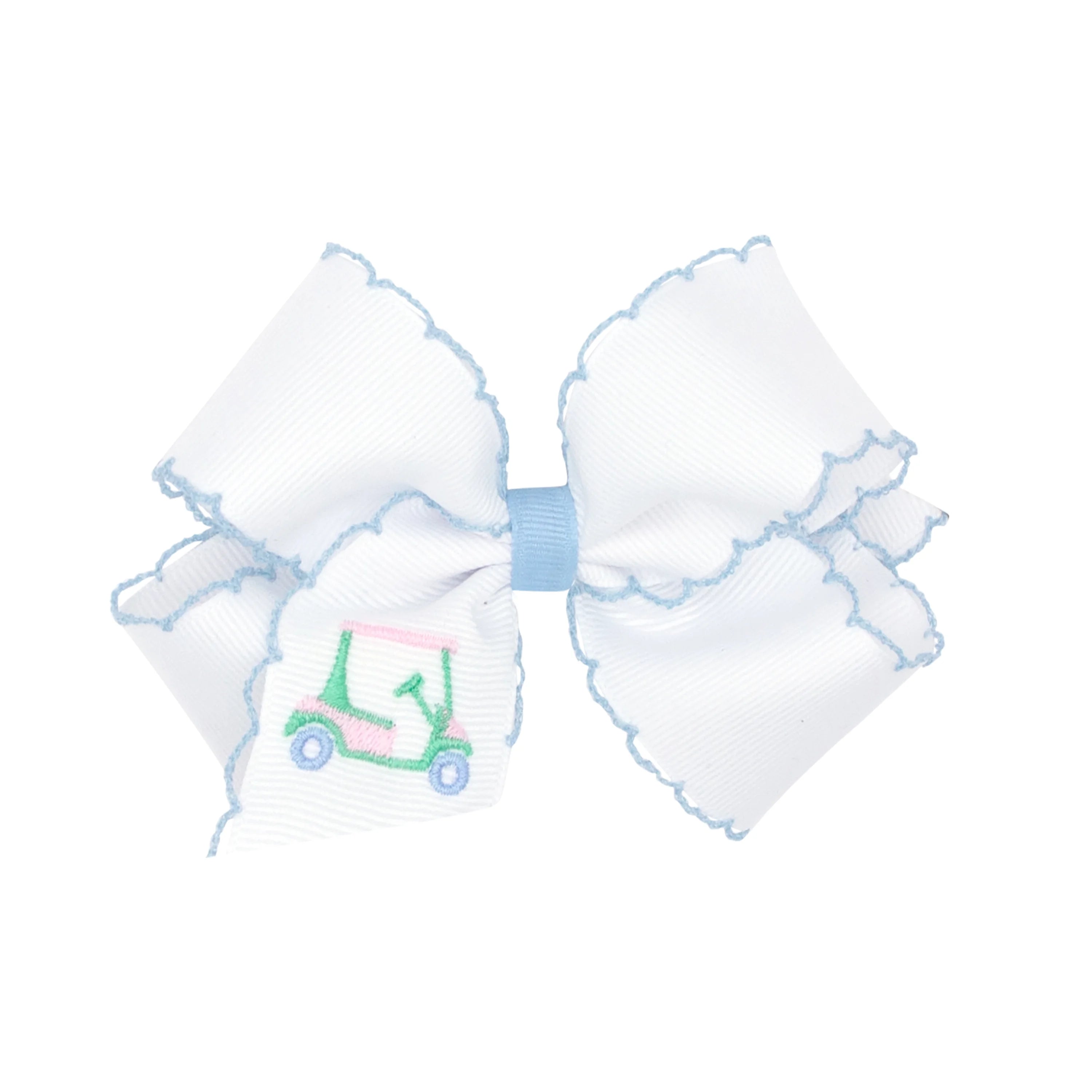 white bow with blue moonstitch edge with pink/green golf cart embroidered