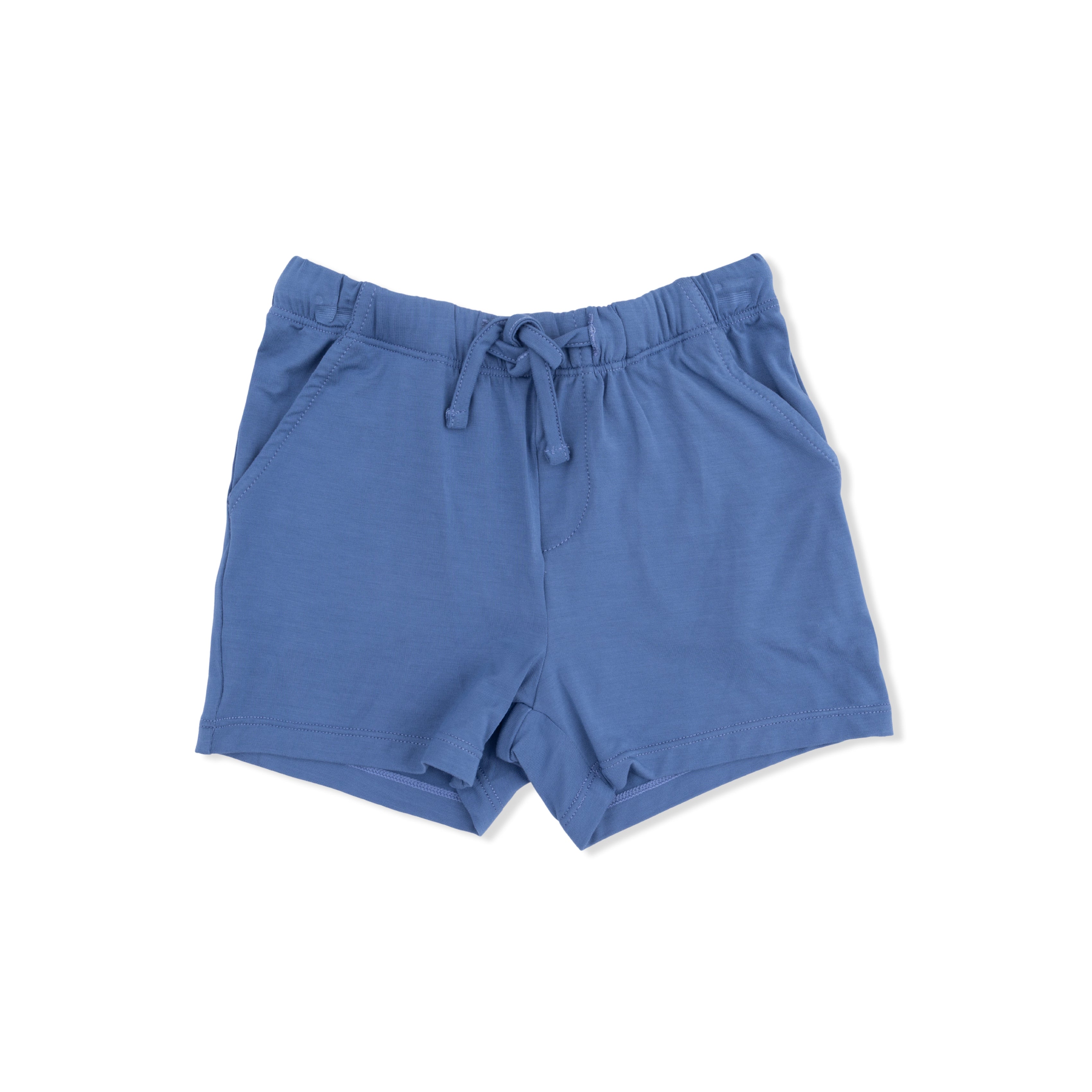Blue shorts with a drawstring on a white background
