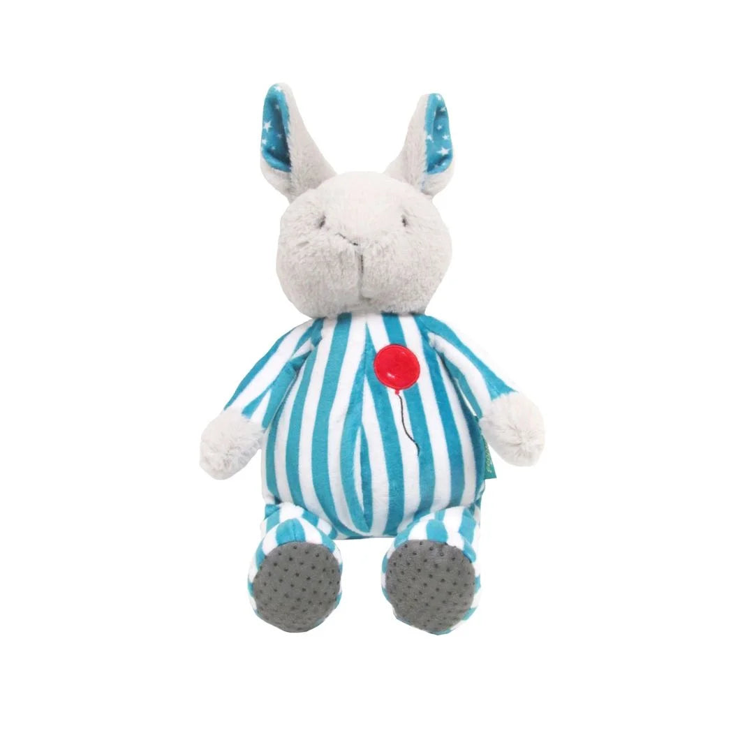 Plush toy rabbit with a blue and white striped outfit on a white background