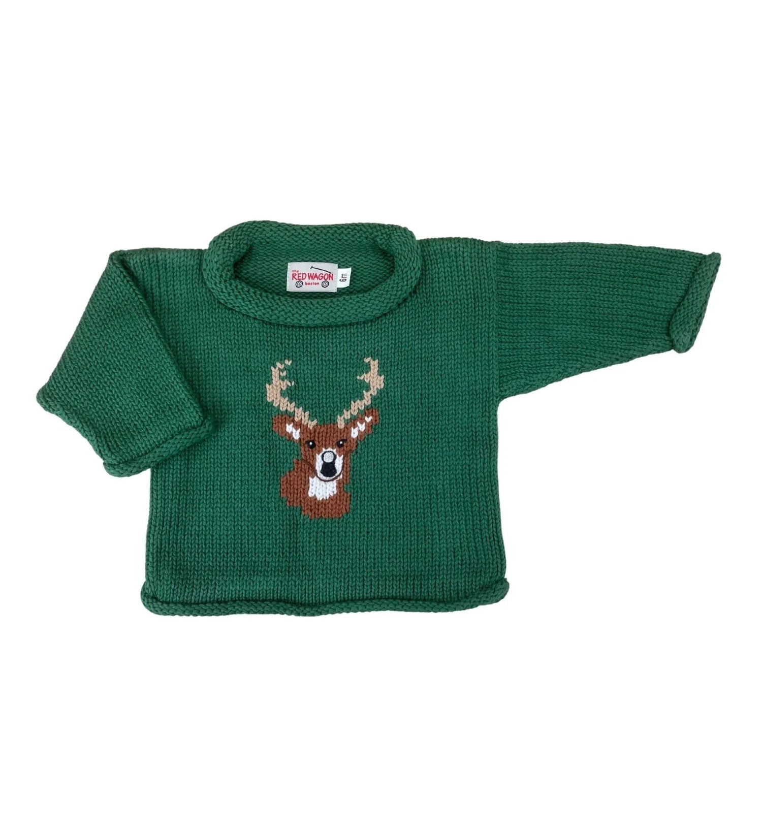 green long sleeve sweater with brown buck head