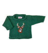 green long sleeve sweater with brown buck head