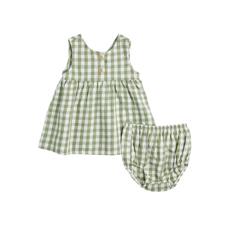 green gingham dress with bloomer