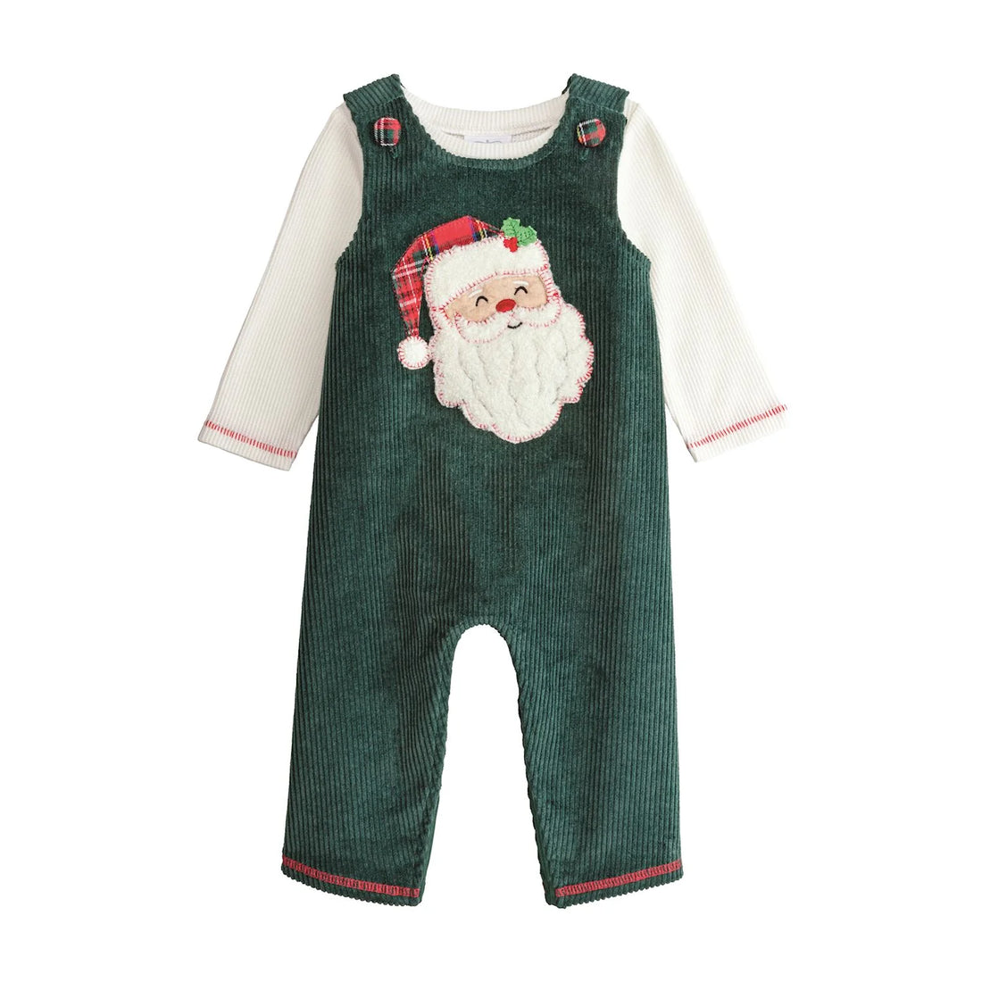 green overalls with santa and white long sleeve shirt underneath