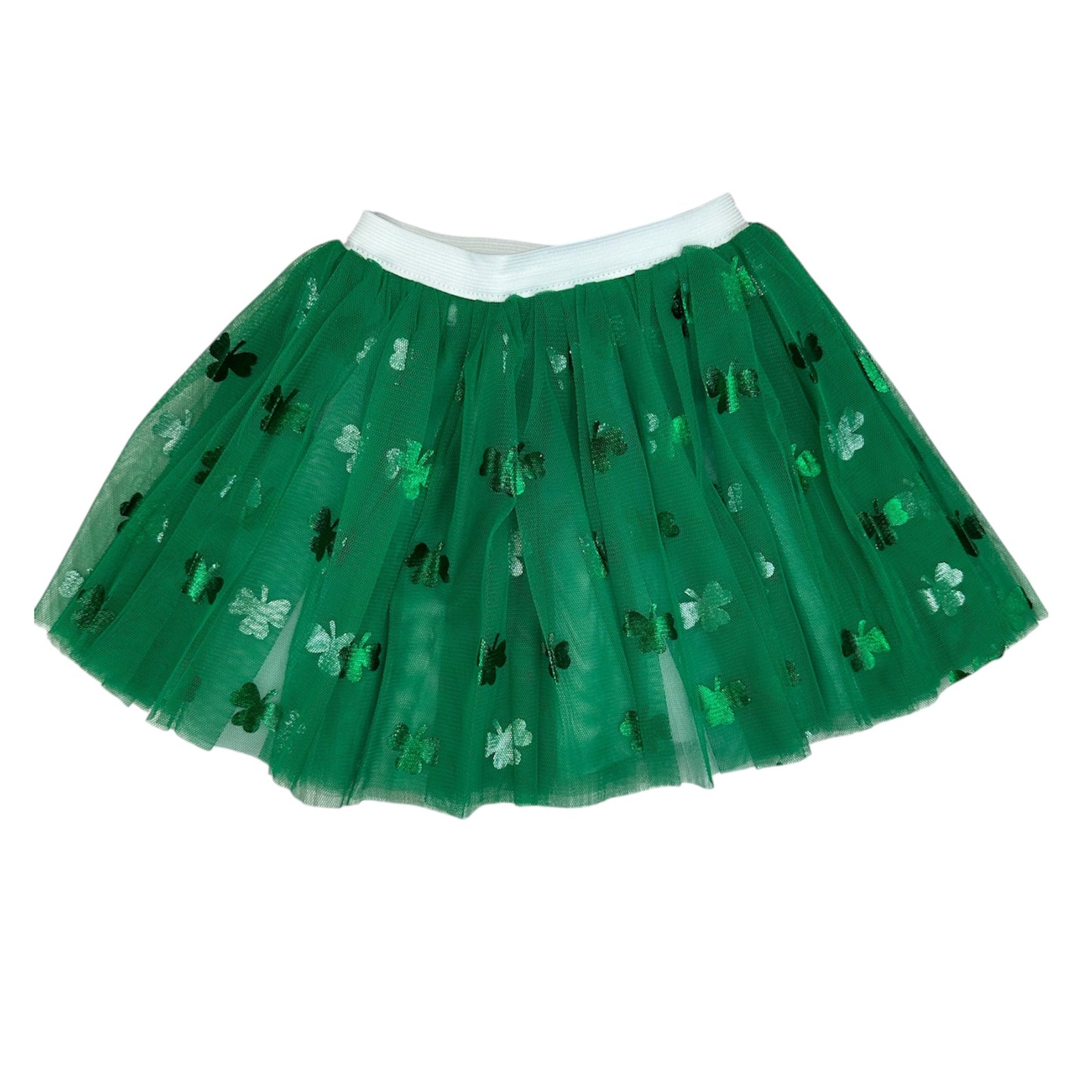 Green tutu skirt with shamrock patterns on a white background