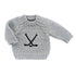 Gray knitted sweater with black hockey design on a white background