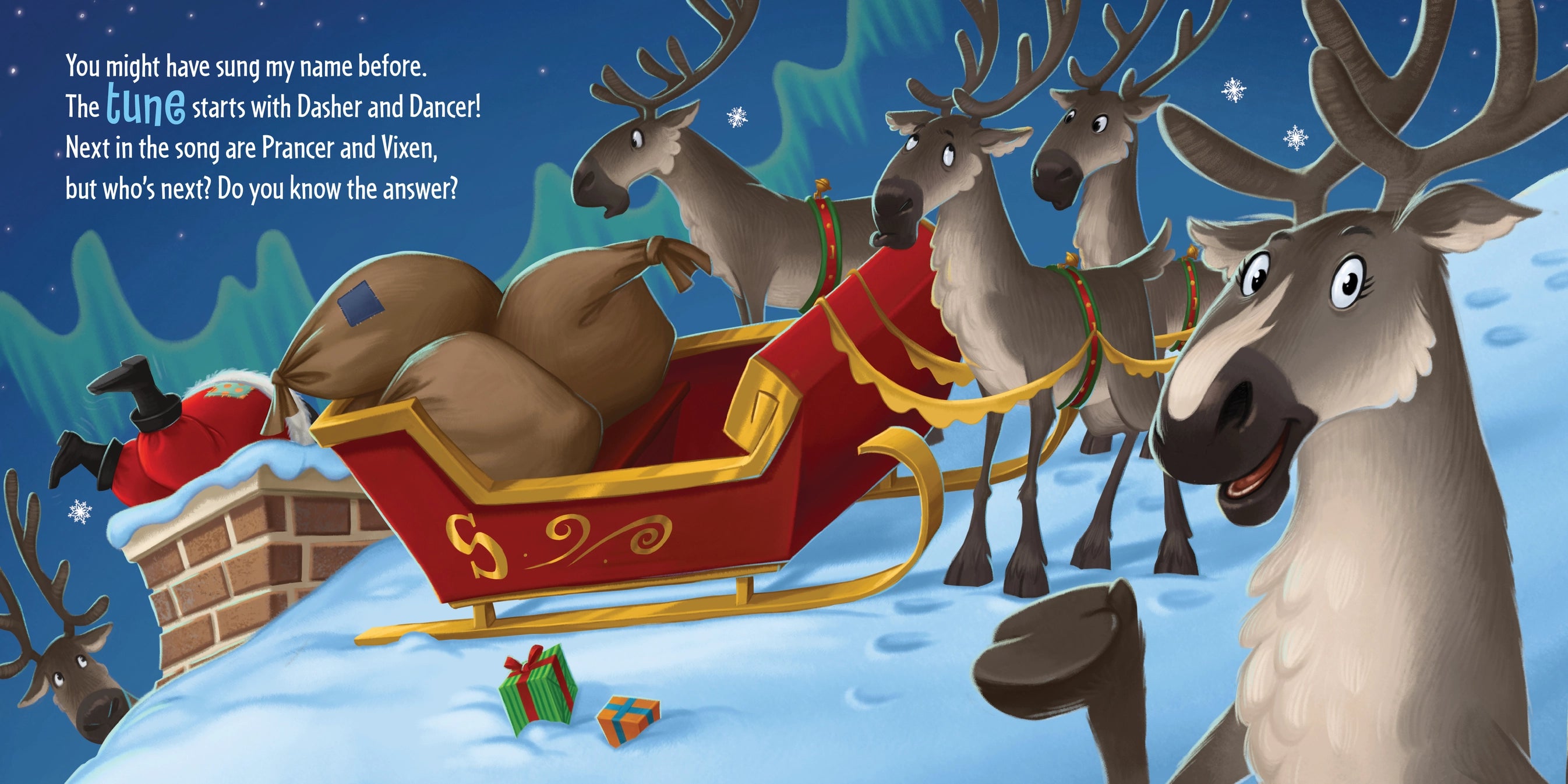 Illustration of Santa Claus in a sleigh pulled by reindeer with a snowy background.