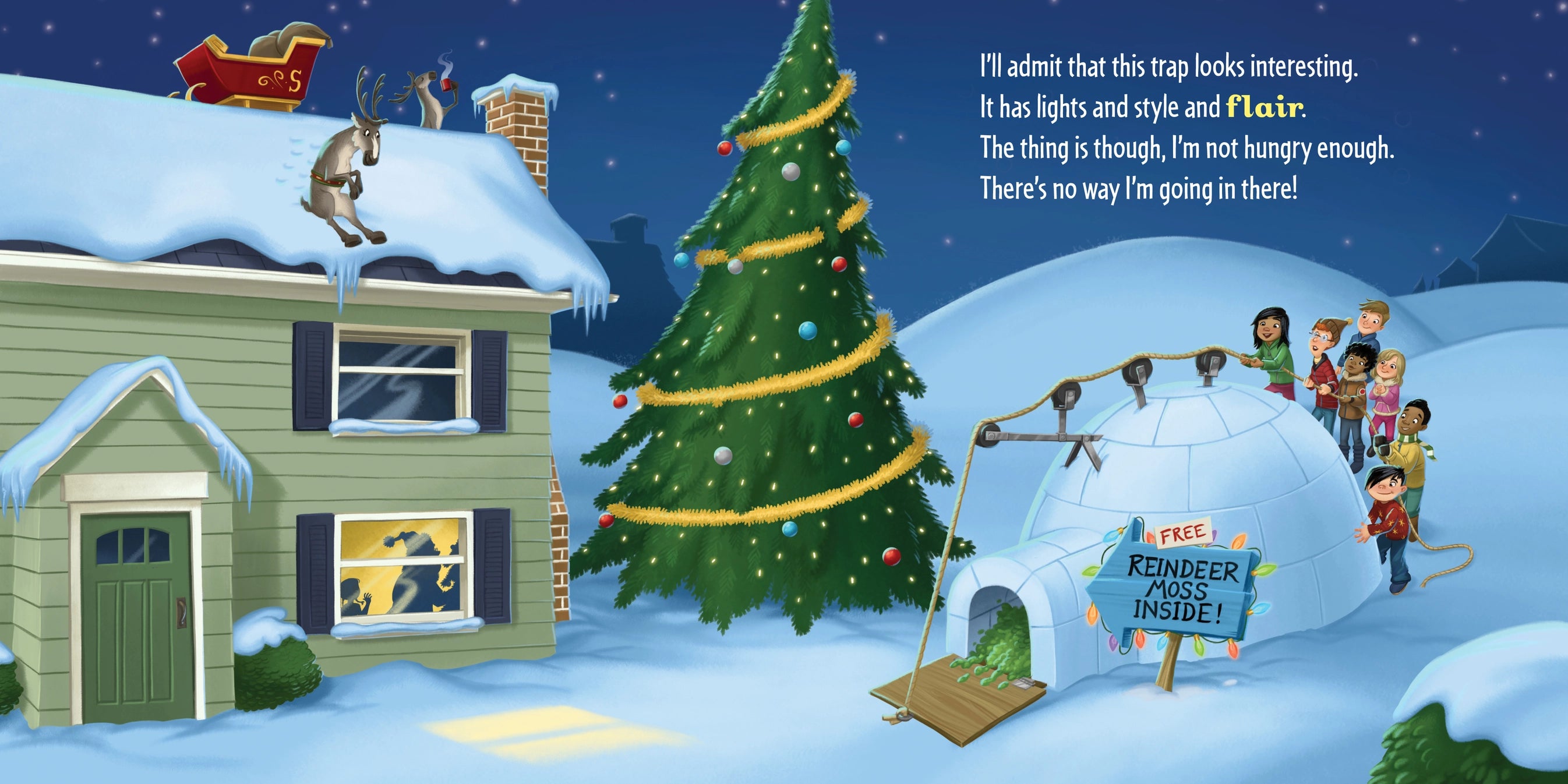 Illustration of a snowy scene with a house, Christmas tree, and people around an igloo.