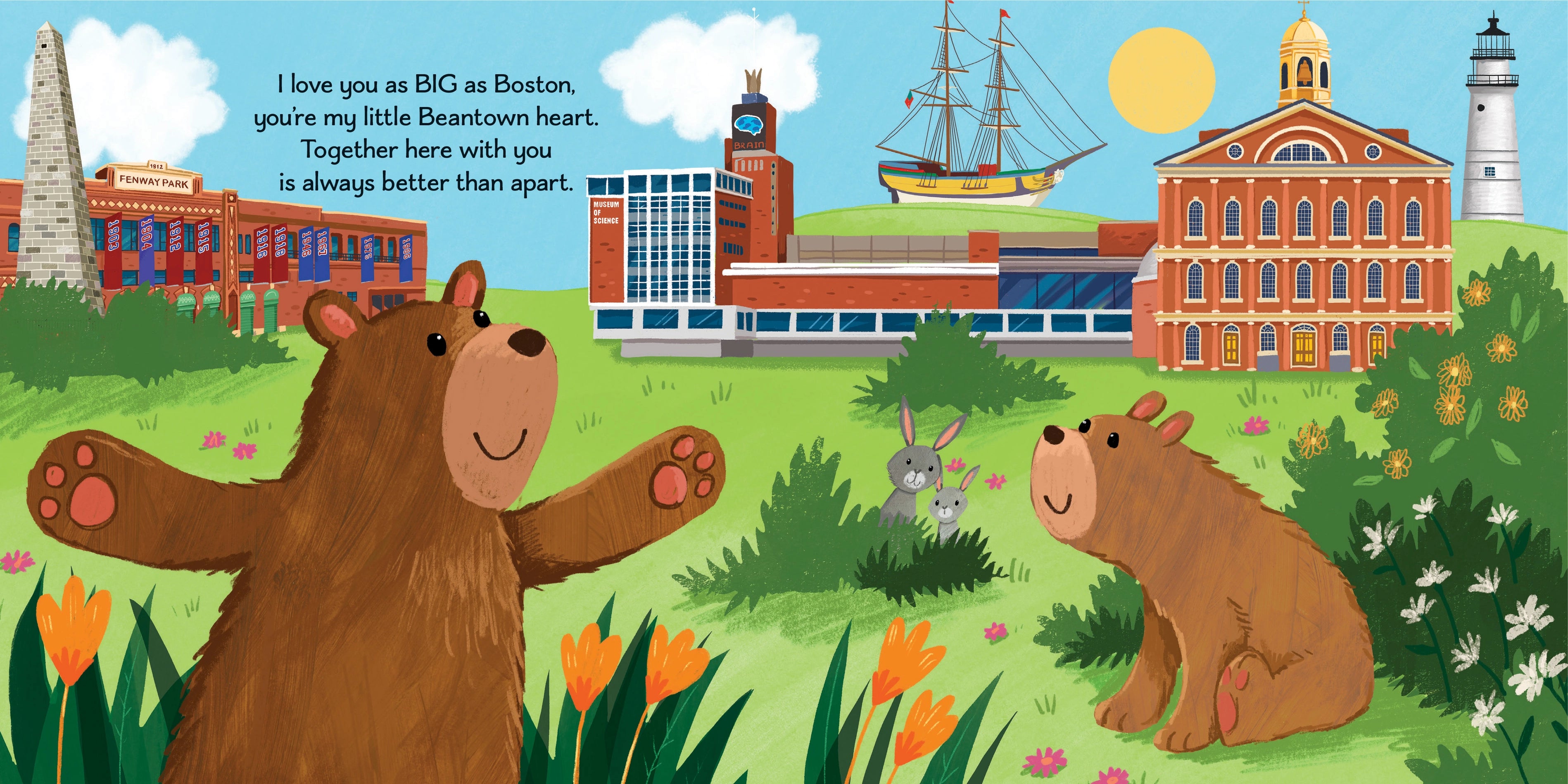Illustration of two bears in a park with Boston landmarks in the background