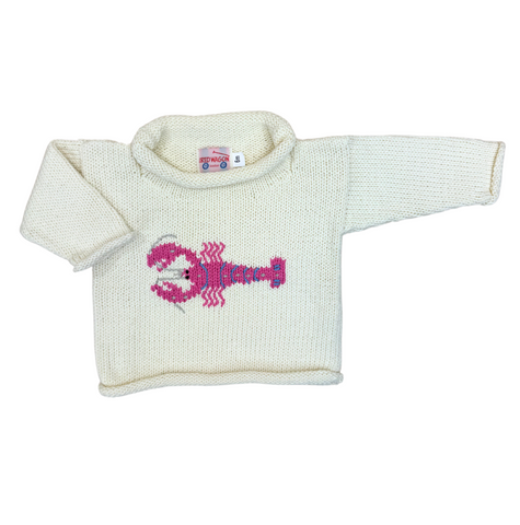 ivory roll neck sweater with pink horizontal lobster on front center