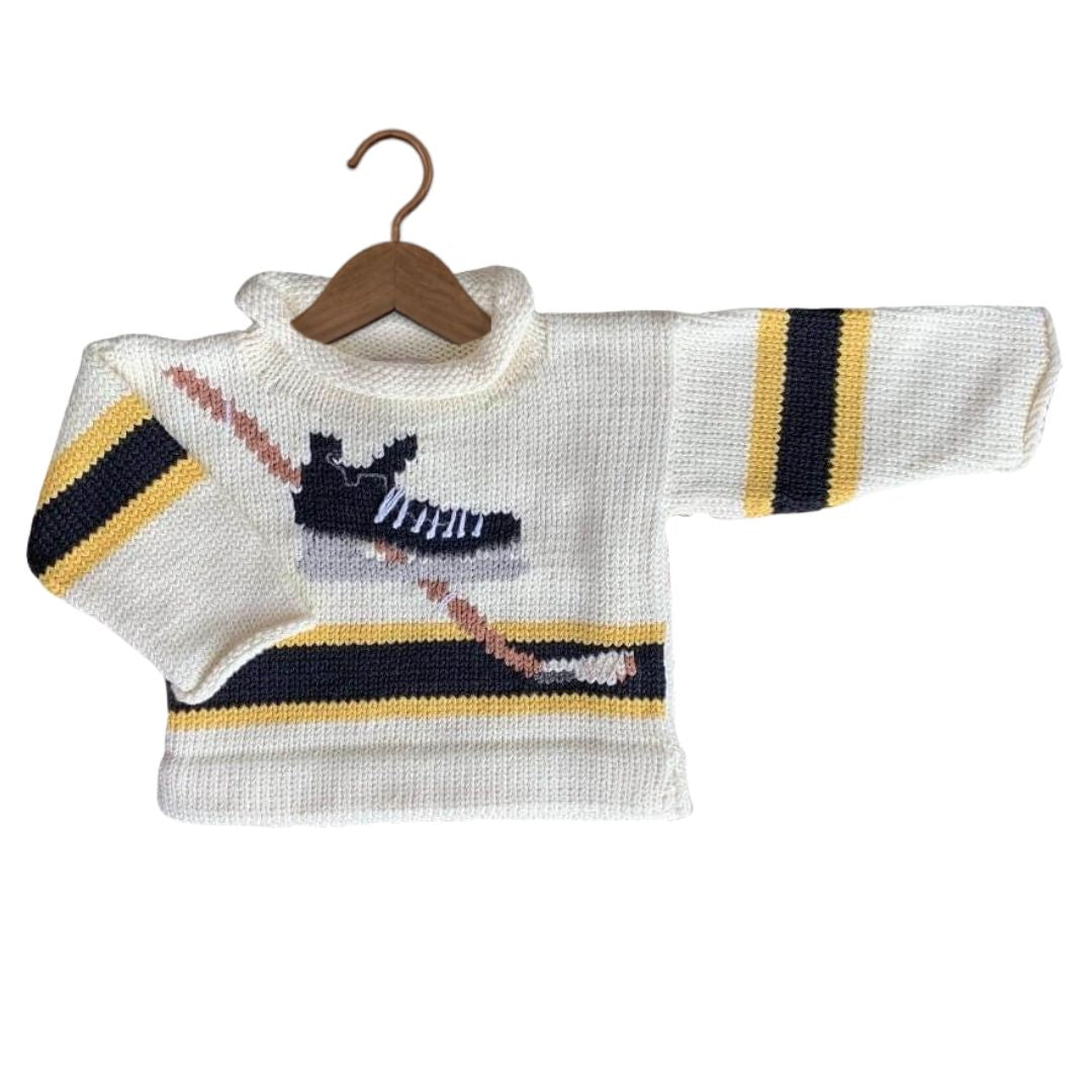 Ivory Yellow and Black Hockey Skate Roll Neck Sweater (Sizes 10, 12 and 14)