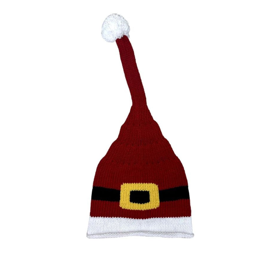 red santa hat with white trim and white pom, has a santa belt bucket black with yellow buckle design