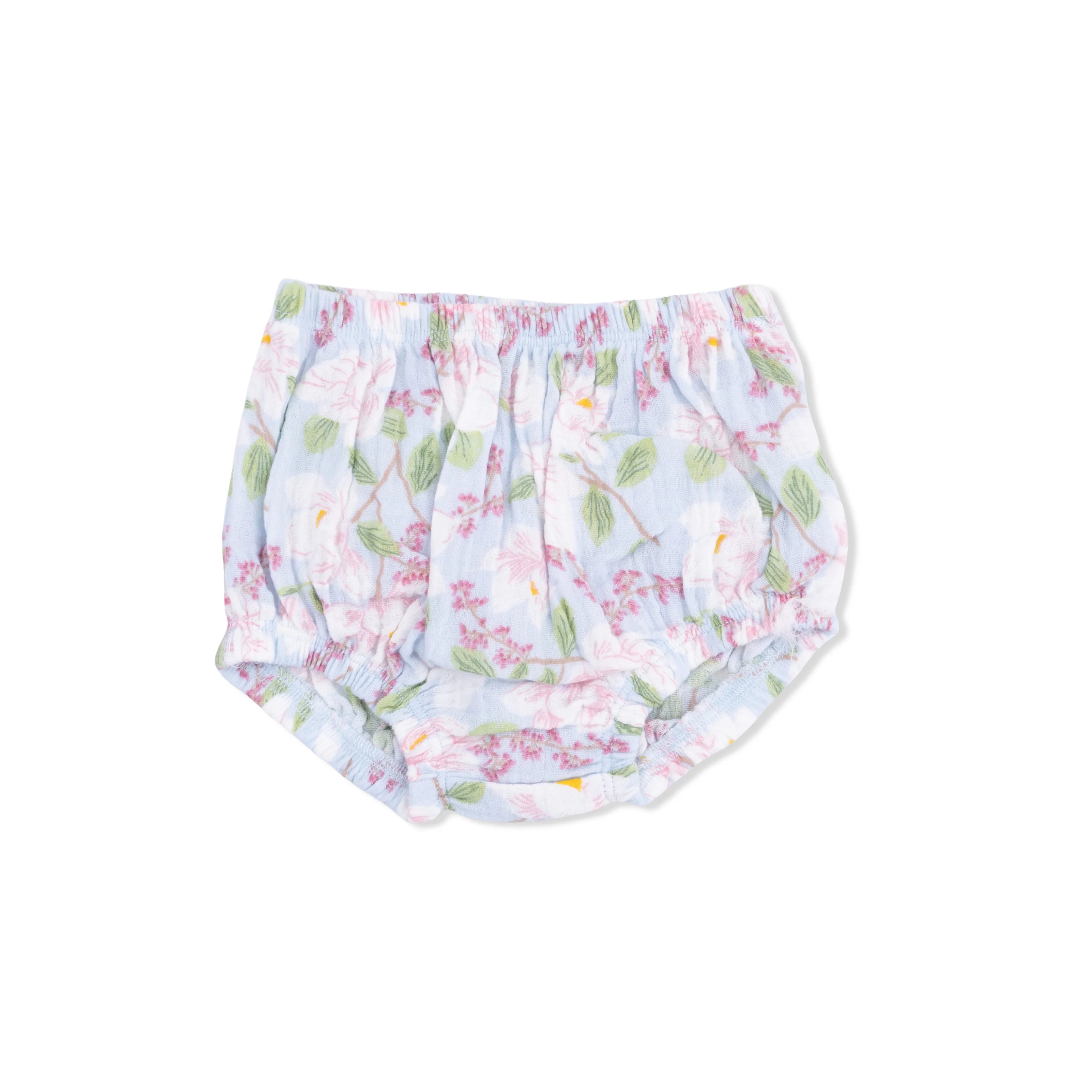 Floral-patterned baby bloomers on a white background