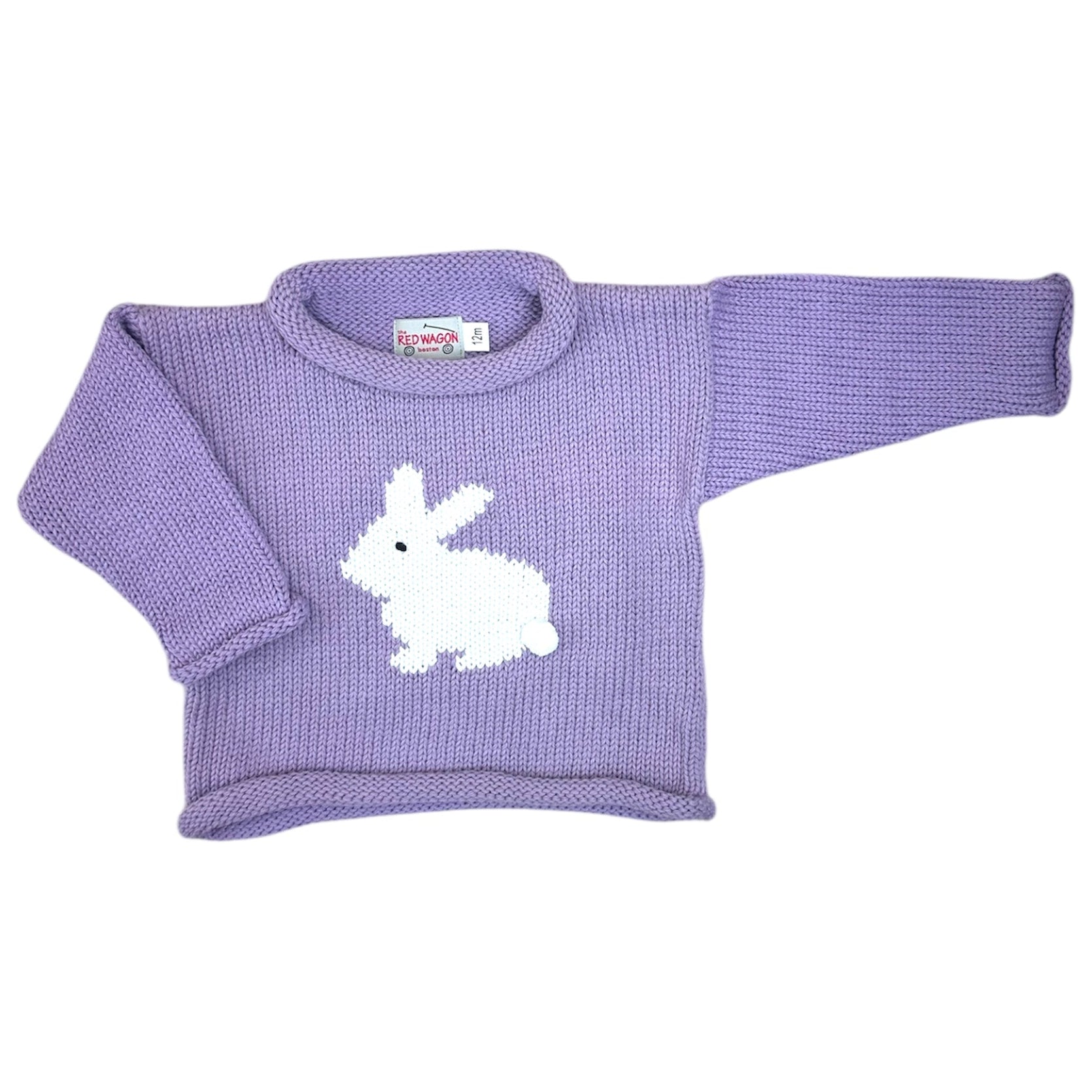 Purple sweater with a white bunny design on a white background