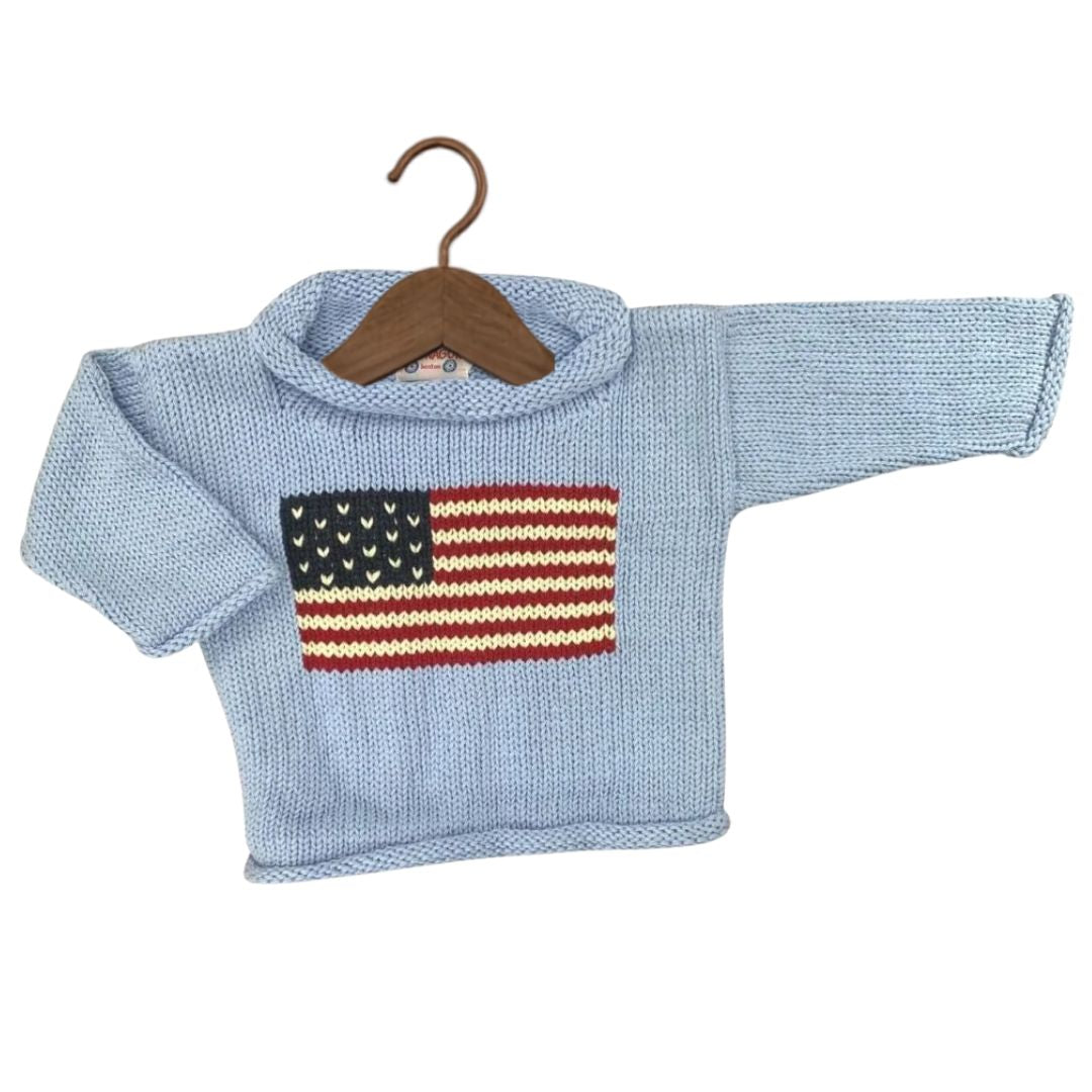 Pull à col roulé bleu clair drapeau américain