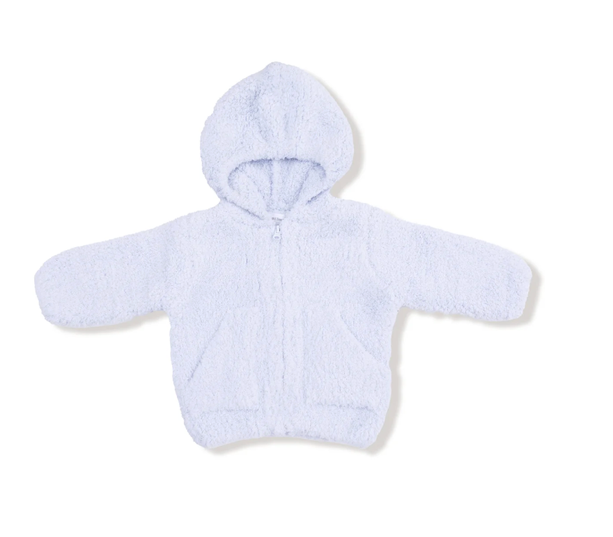 A light blue fuzzy zip-up hooded jacket for a baby or toddler, shown flat against a white background.