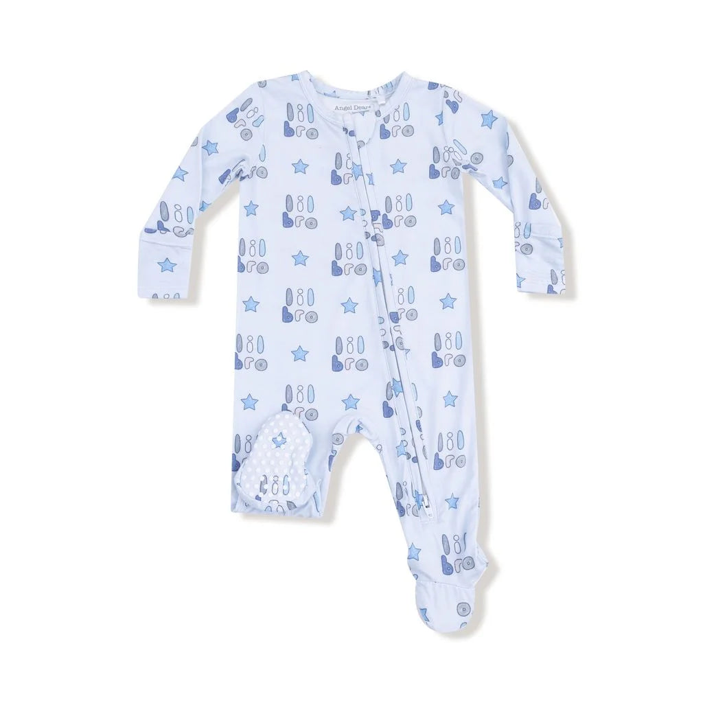 blue long sleeve footie with lil bro written all over with stars in different shades of blue
