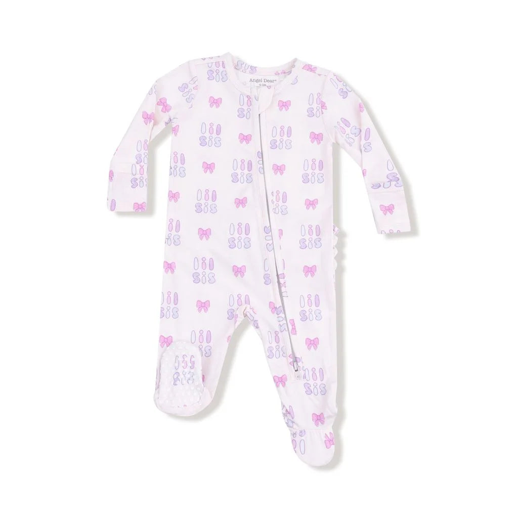 pink long sleeve footie with lil sis all over with bows