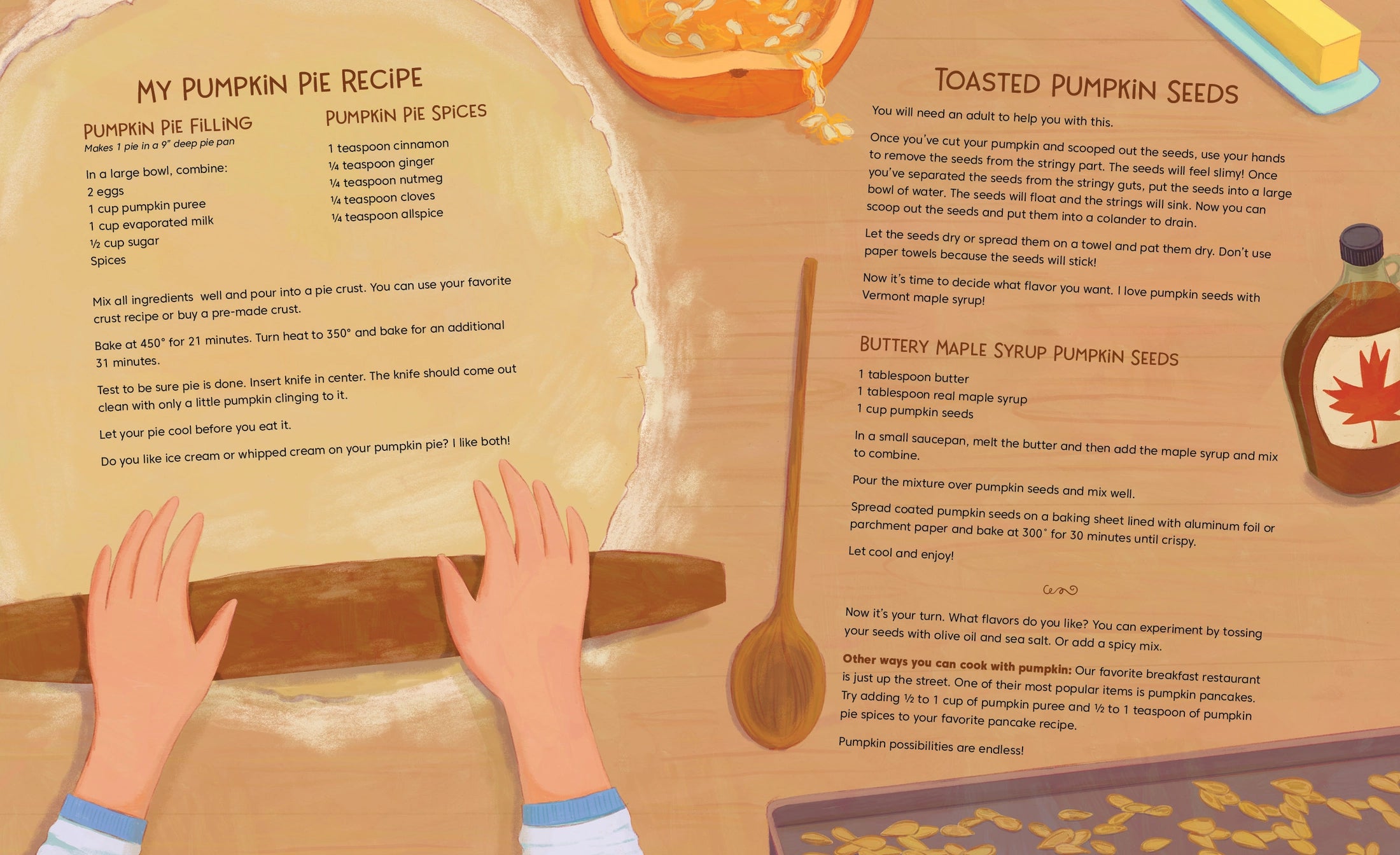 Illustration of a person rolling out dough with text about pumpkin pie recipes and ingredients.