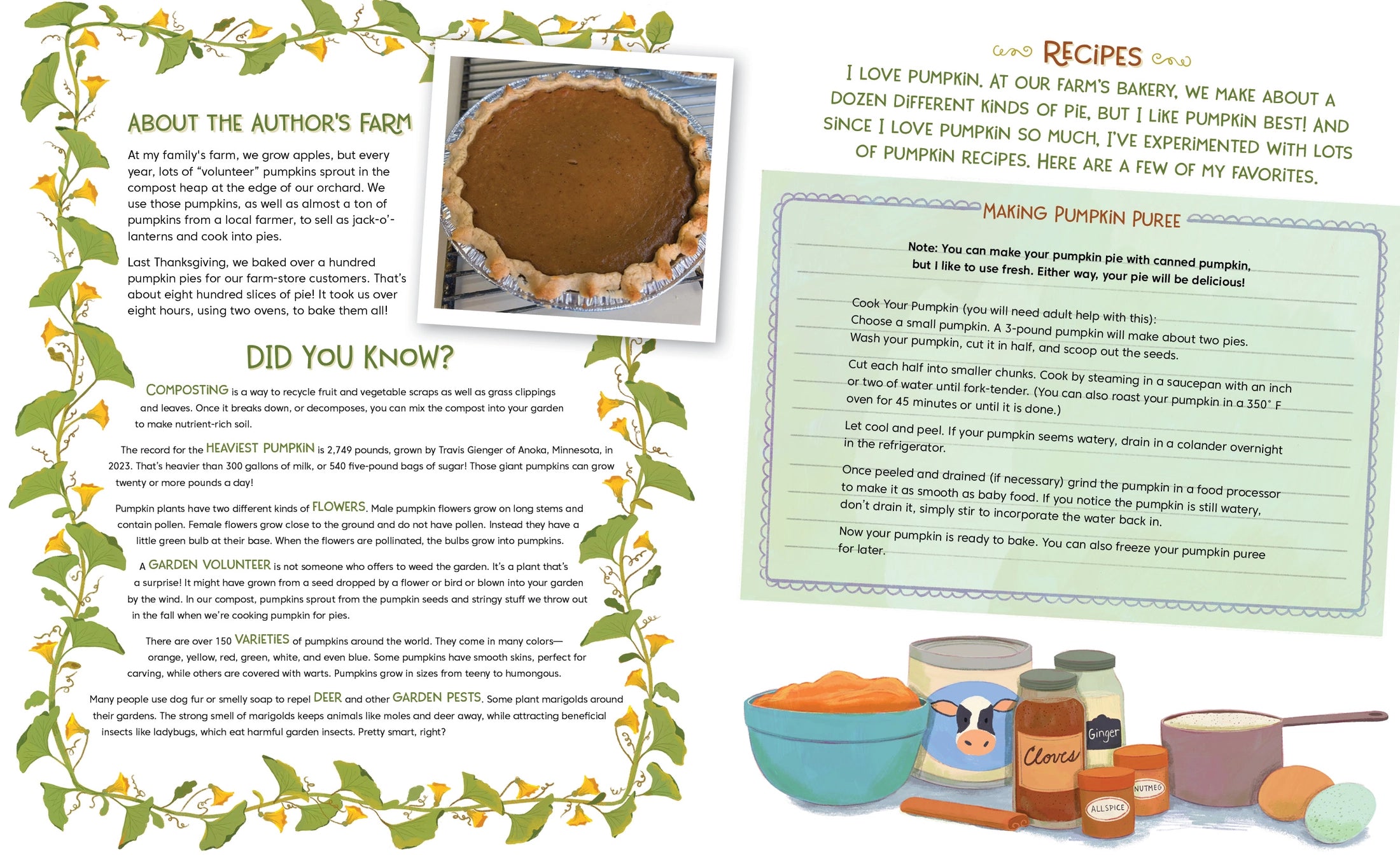 Page from a cookbook with pumpkin pie recipe and related content.