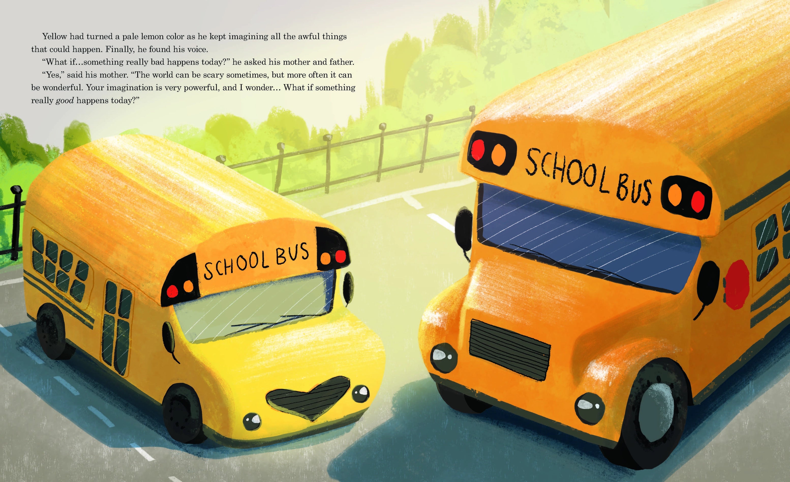 Two cartoon school buses on a road with a scenic background