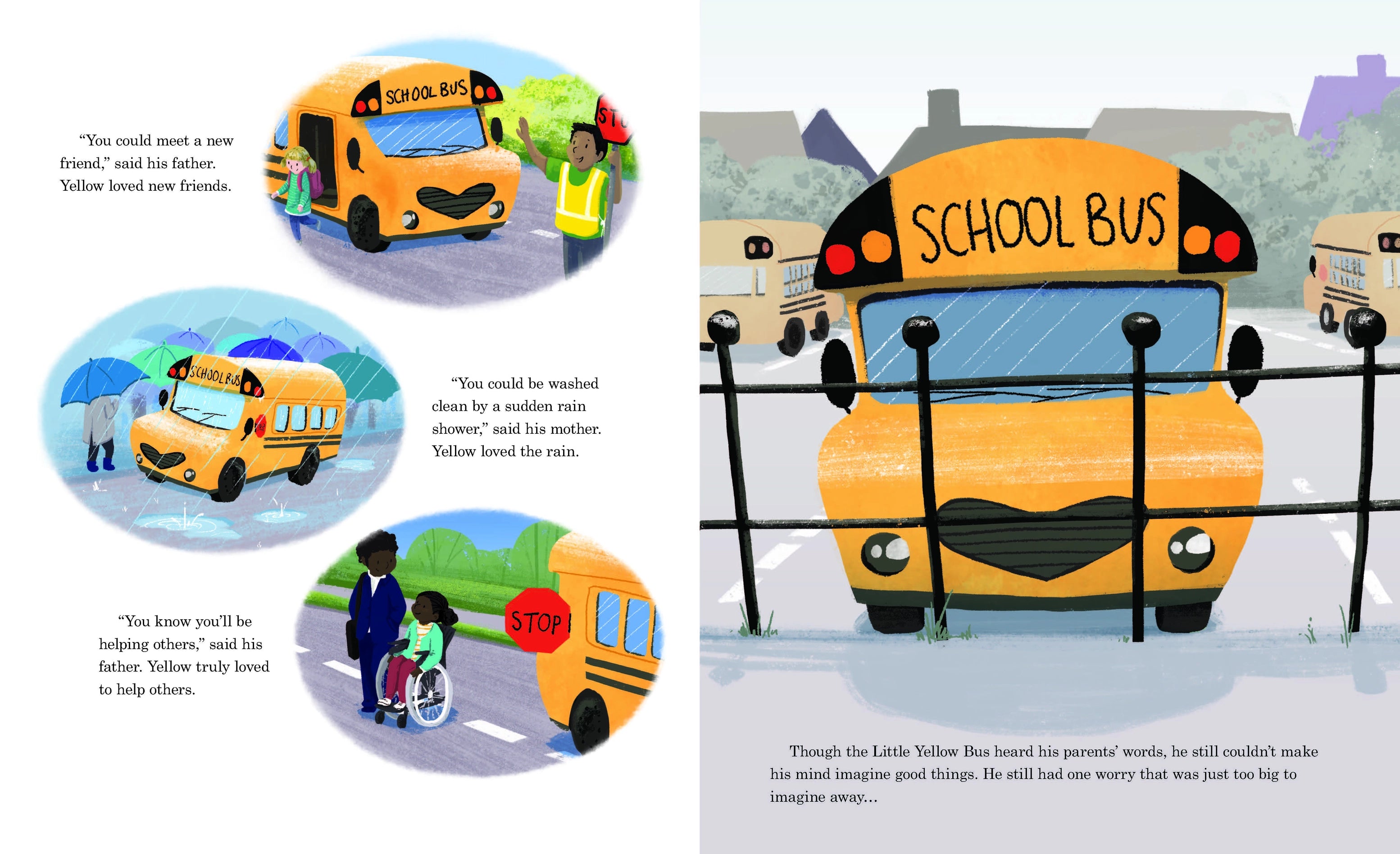 Illustrated school bus scene with text and graphics on a book page.