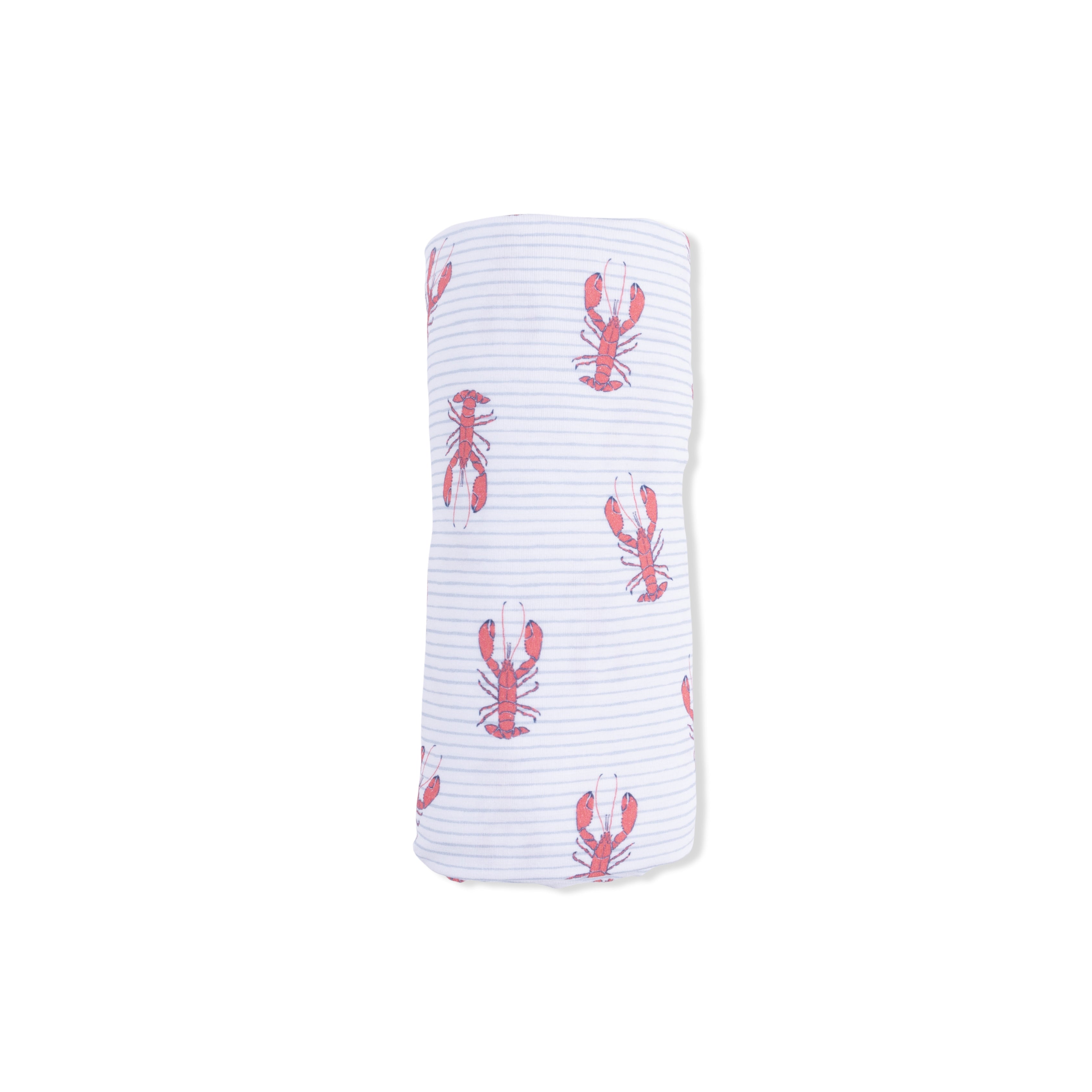 White swaddle blanket with red lobster pattern on a white background