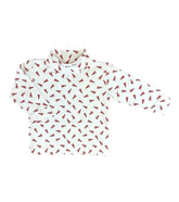 white long sleeve with red lobsters printed all over