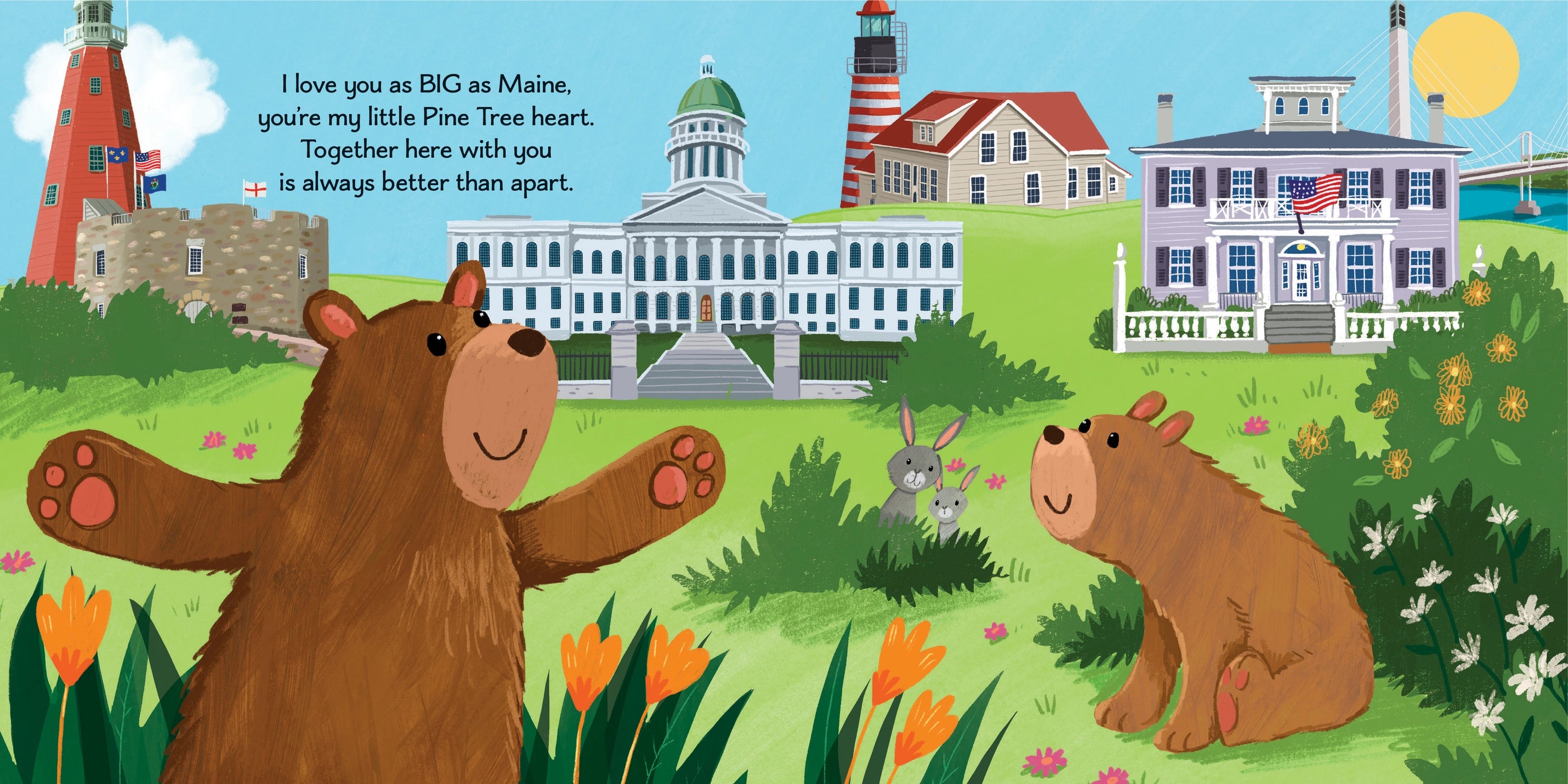 Illustration of two bears in a park with a lighthouse and buildings in the background.