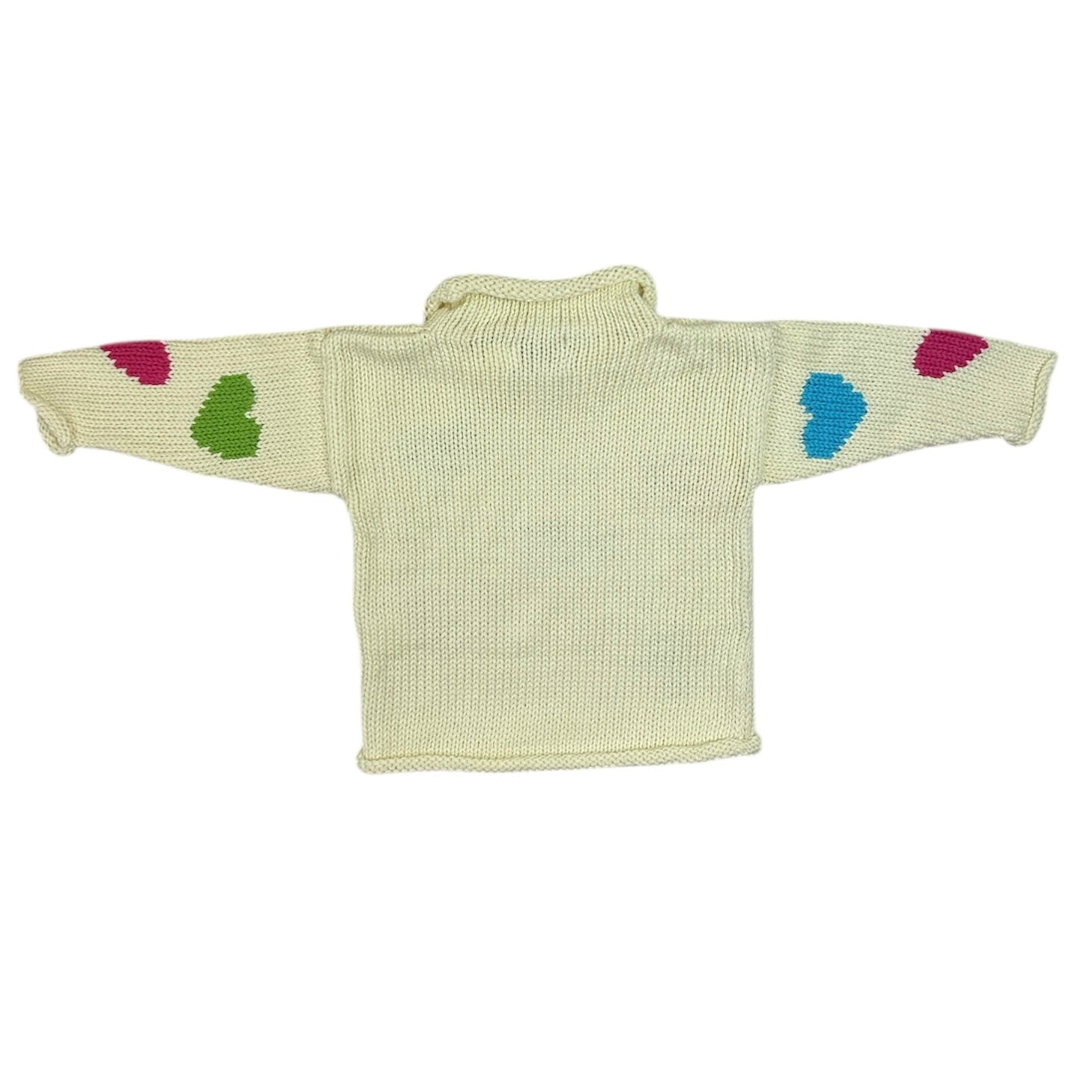 Knitted sweater with colorful heart patterns on a white background