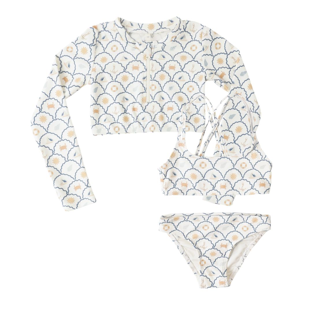 nautical patterned two-piece swimsuit on a white background