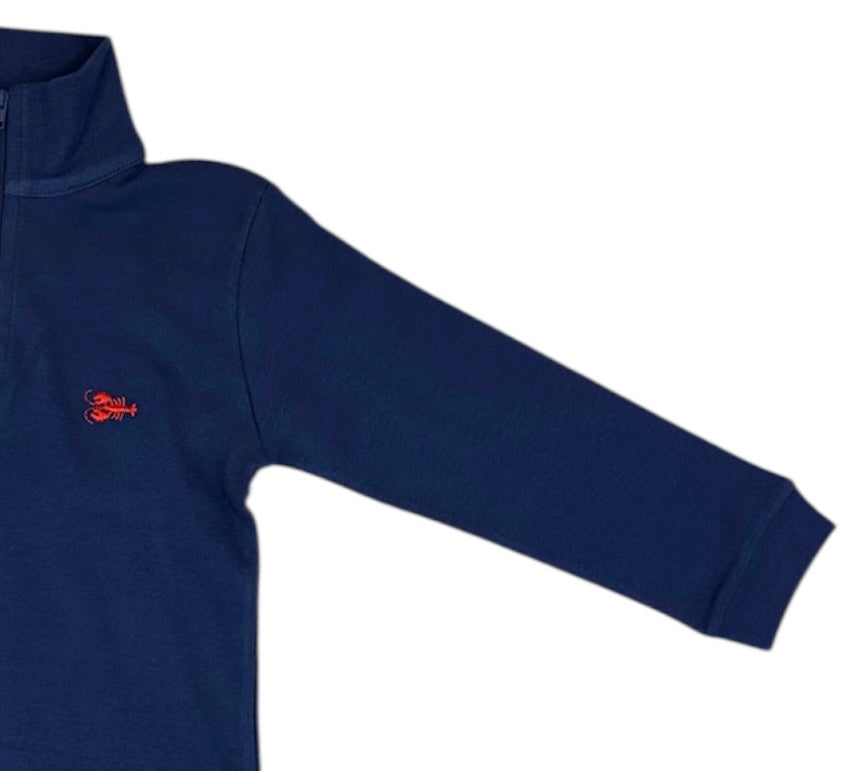 Navy blue long-sleeve shirt with a small red lobster on a white background