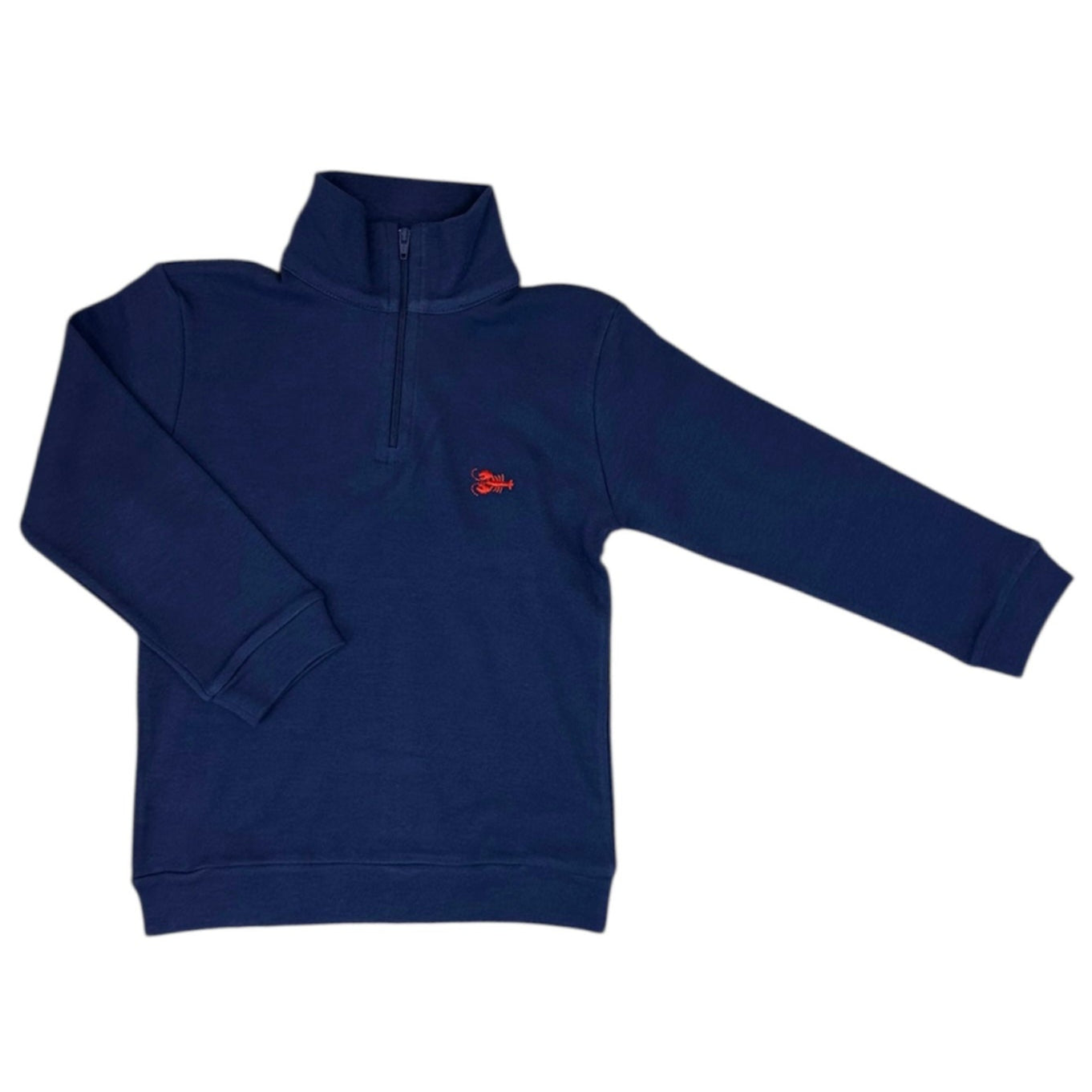 Navy blue pullover with a small red lobster on a white background