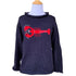 long sleeve navy sweater with horizontal red lobster on front