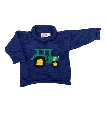 navy roll neck sweater with green tractor with black and yellow wheels