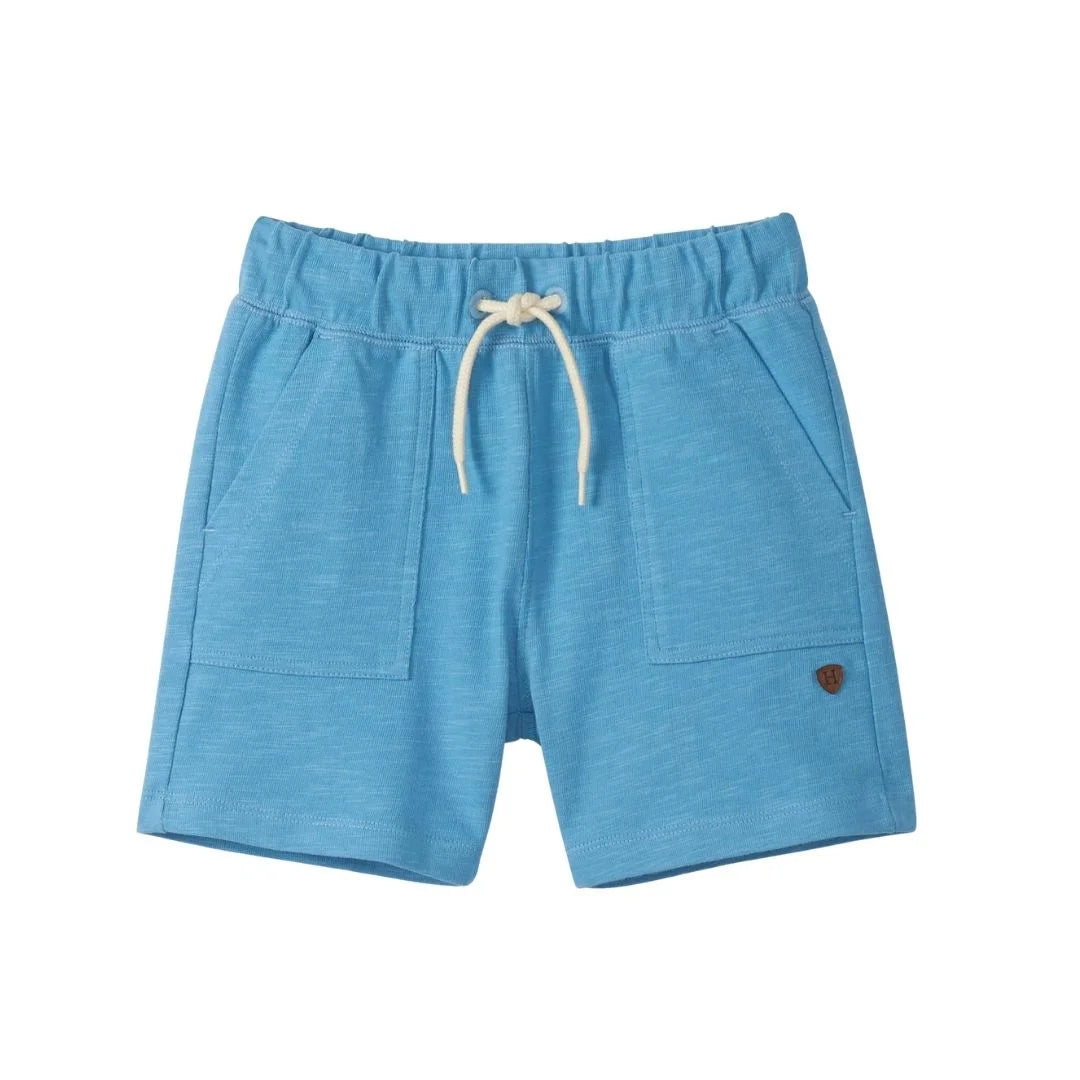 blue shorts with elastic waist and white drawstring