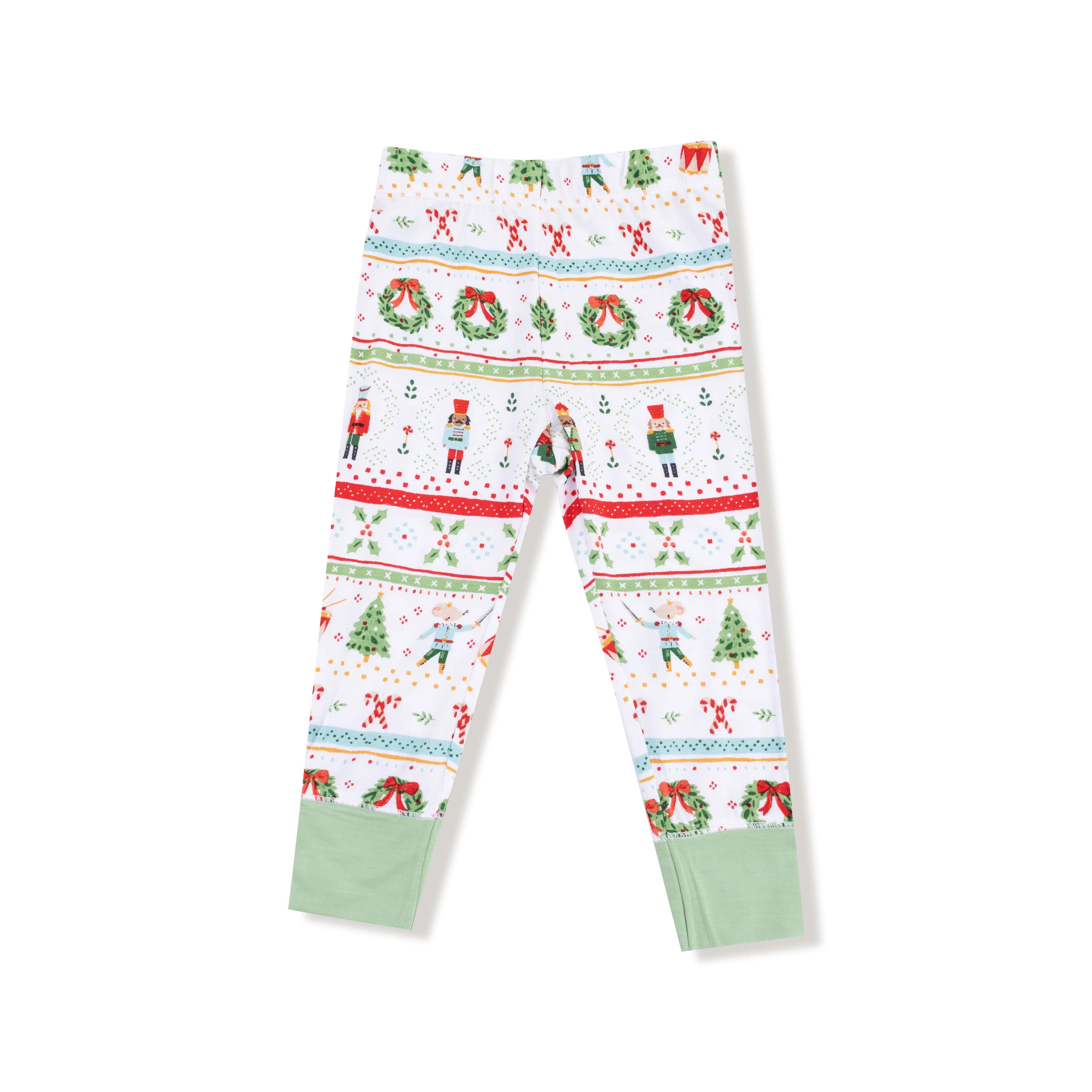 Christmas-themed leggings with festive patterns on a white background