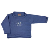 periwinkle sweater with M monogram