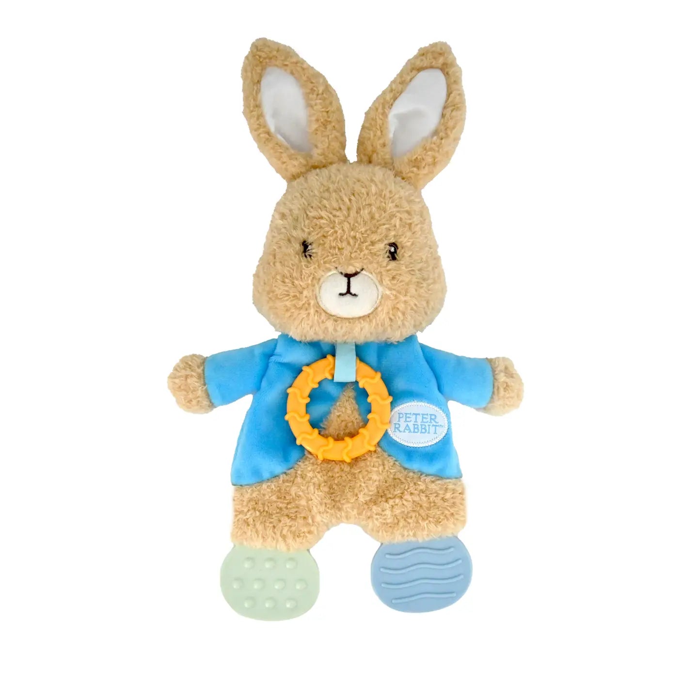 Plush toy rabbit with blue outfit and orange tag on a white background