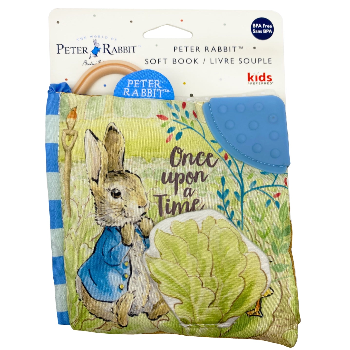 Peter Rabbit soft book packaging with a rabbit illustration and text on a white background