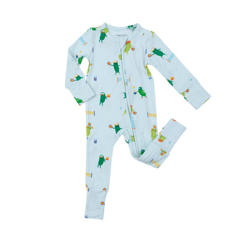 blue romper with green pickles playing pickleball