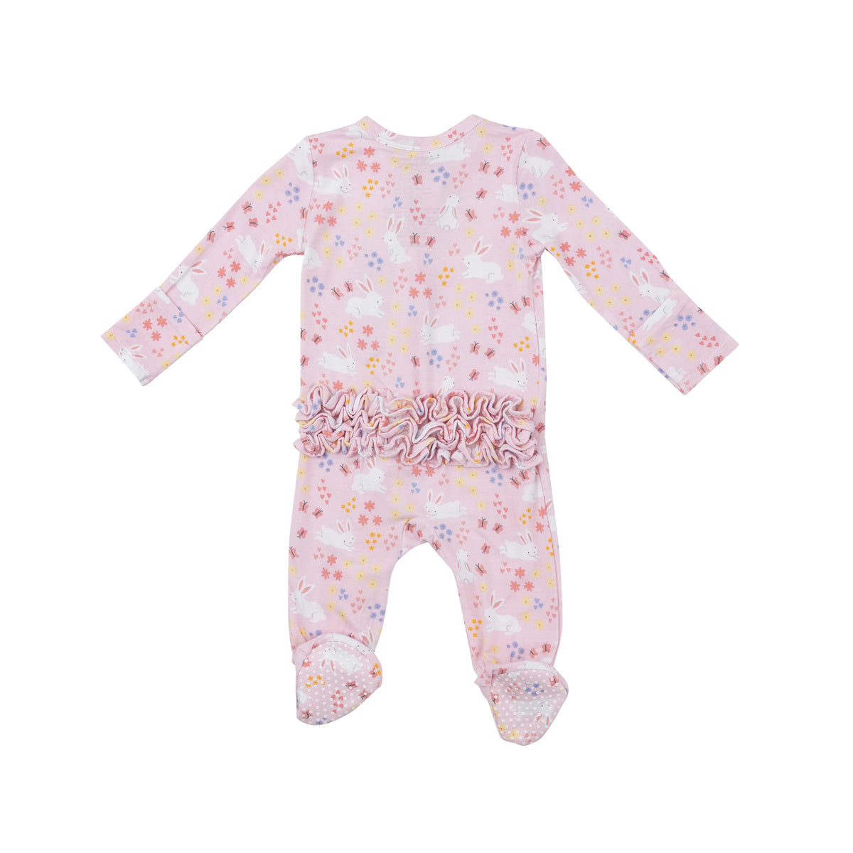 Baby Pink Bunny/Meadow Ruffle Back 2 Way Zipper Footie | The Red Wagon