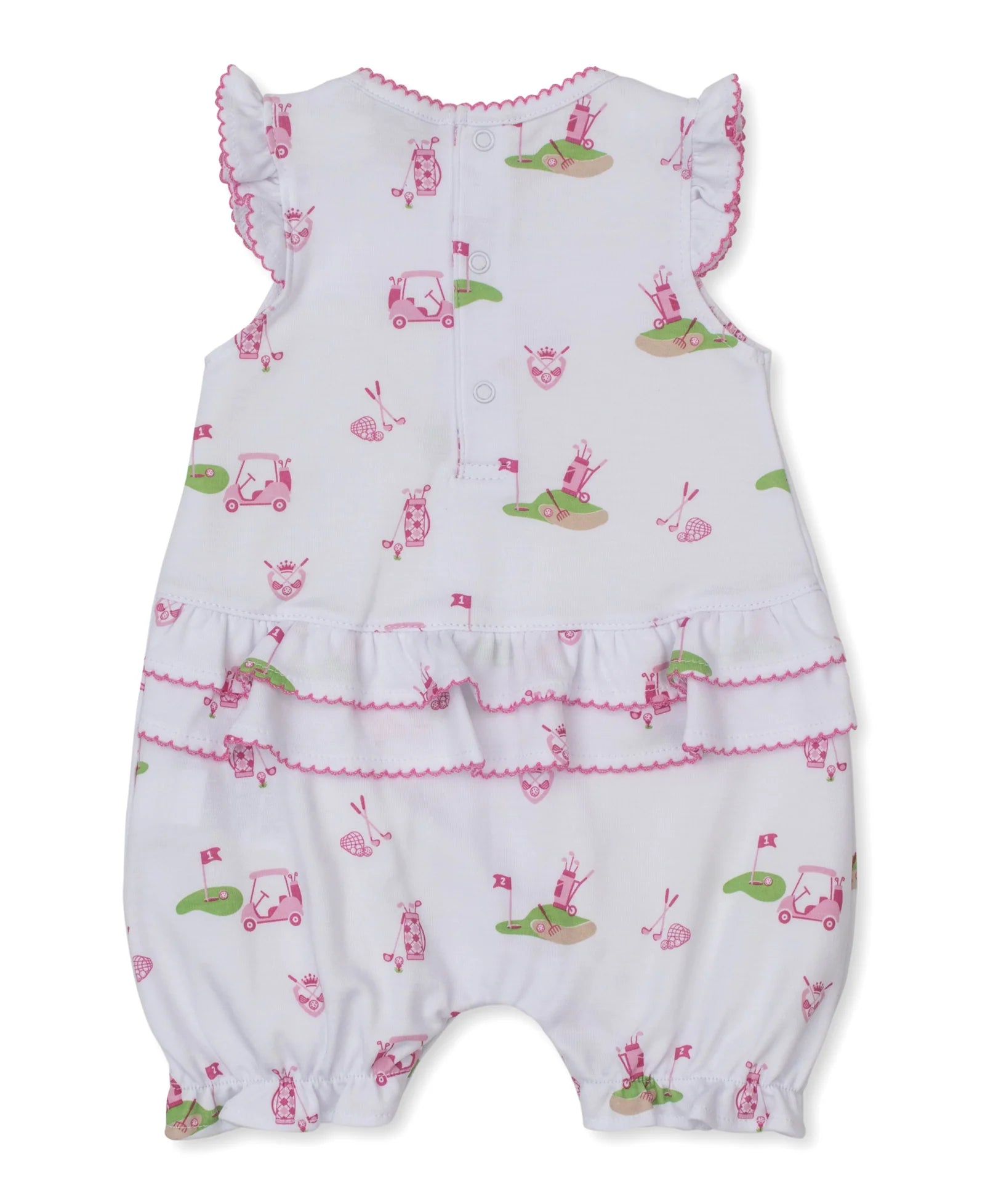 Baby romper with pink and green patterns on a white background