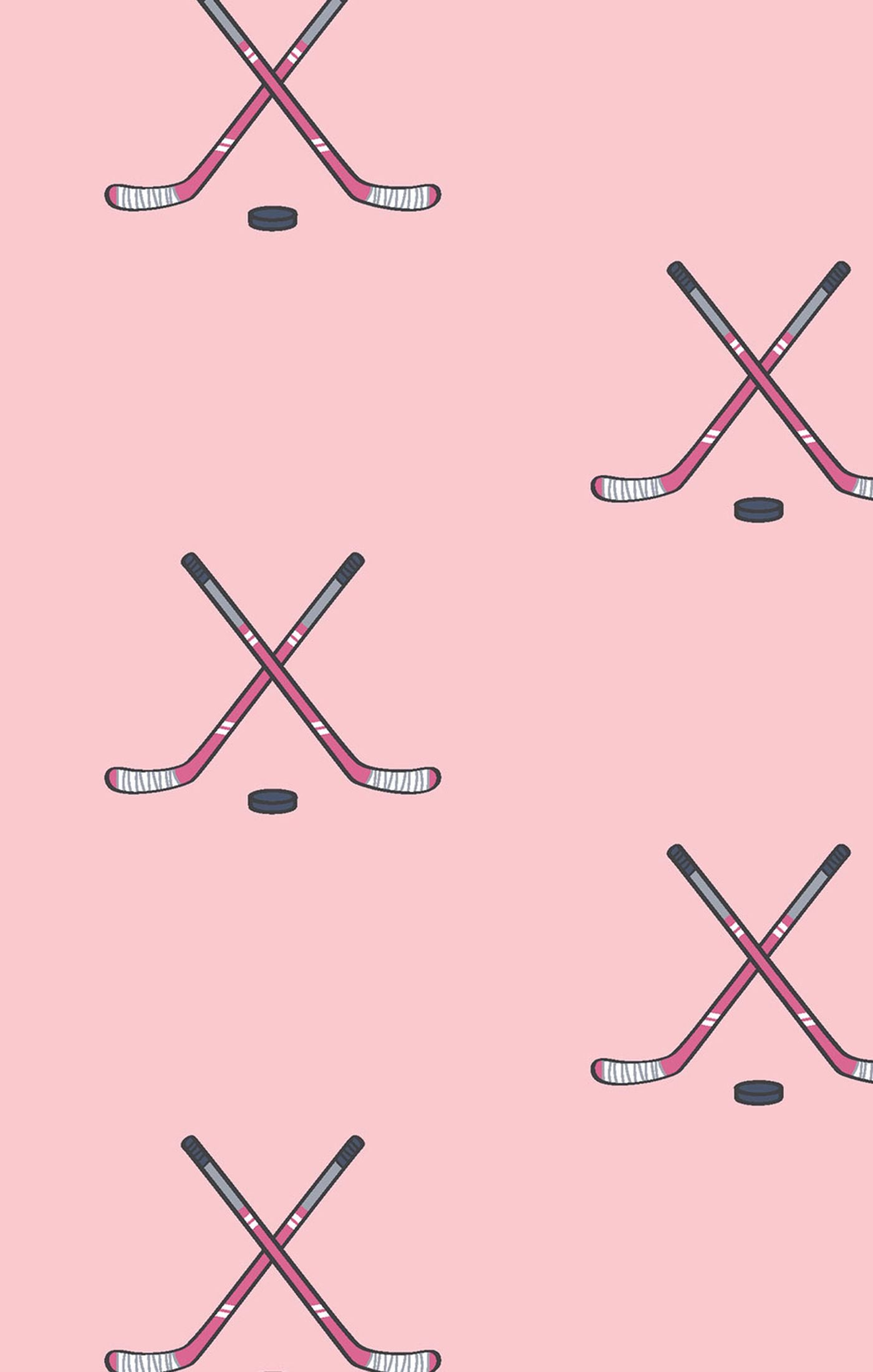 Pattern of crossed hockey sticks and pucks on a pink background