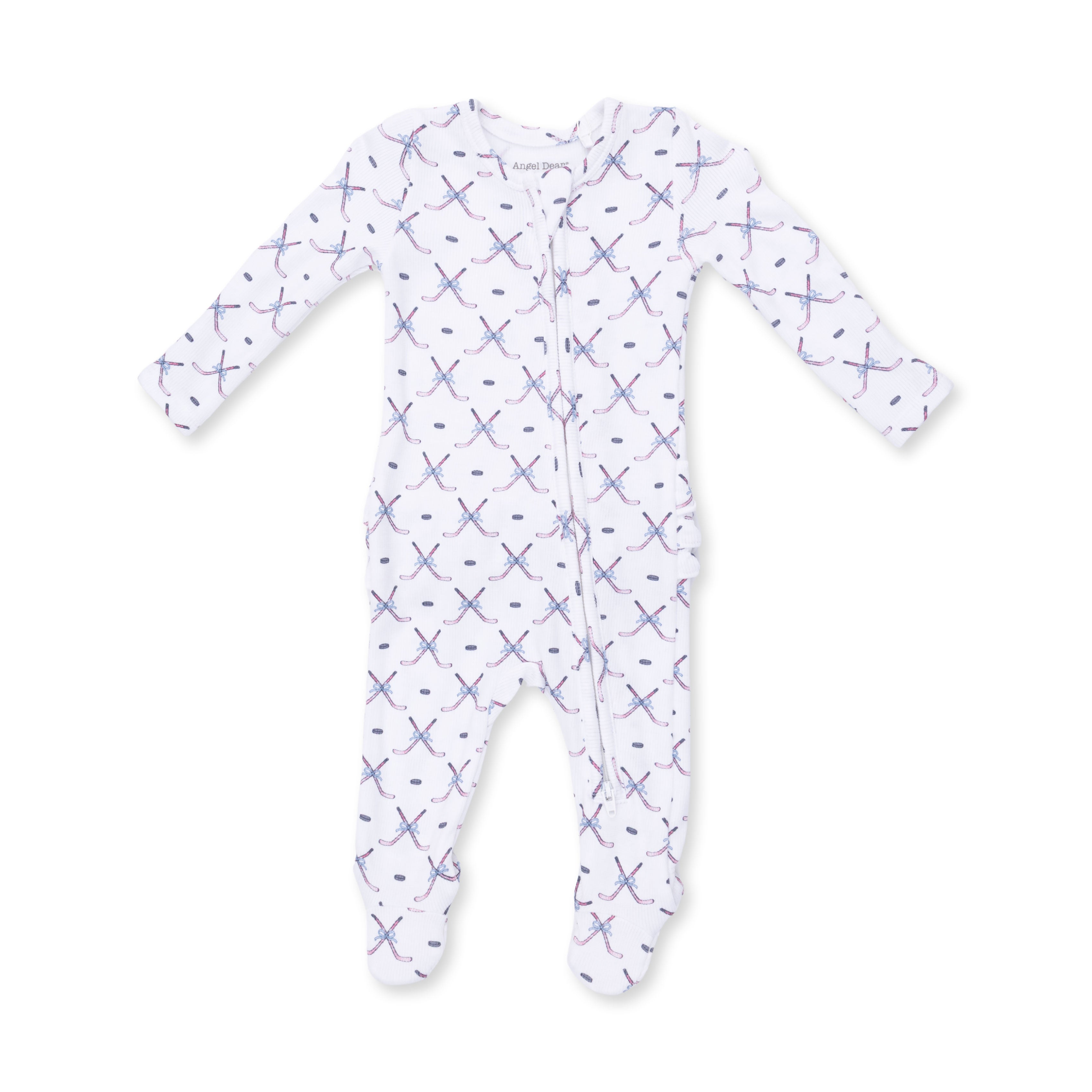 White/Pink Simple Hockey Ruffle Back 2 Way Zipper Footie