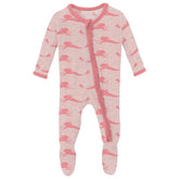 pink footie with mermaid silhouettes all over, ruffle on zipper