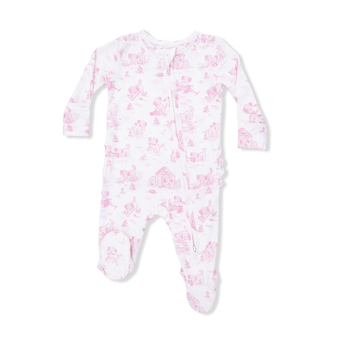 Baby onesie with pink floral pattern on a white background