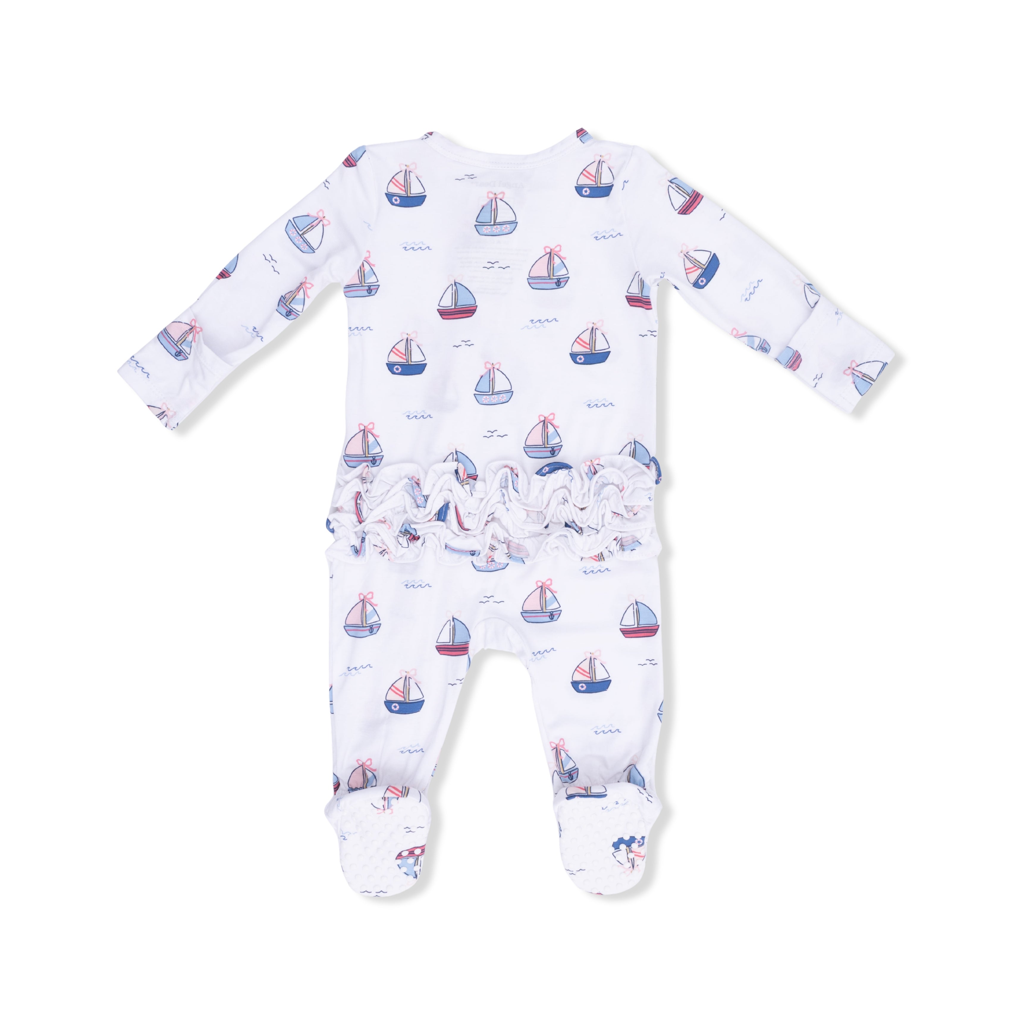 Baby onesie with sailboat pattern on a white background
